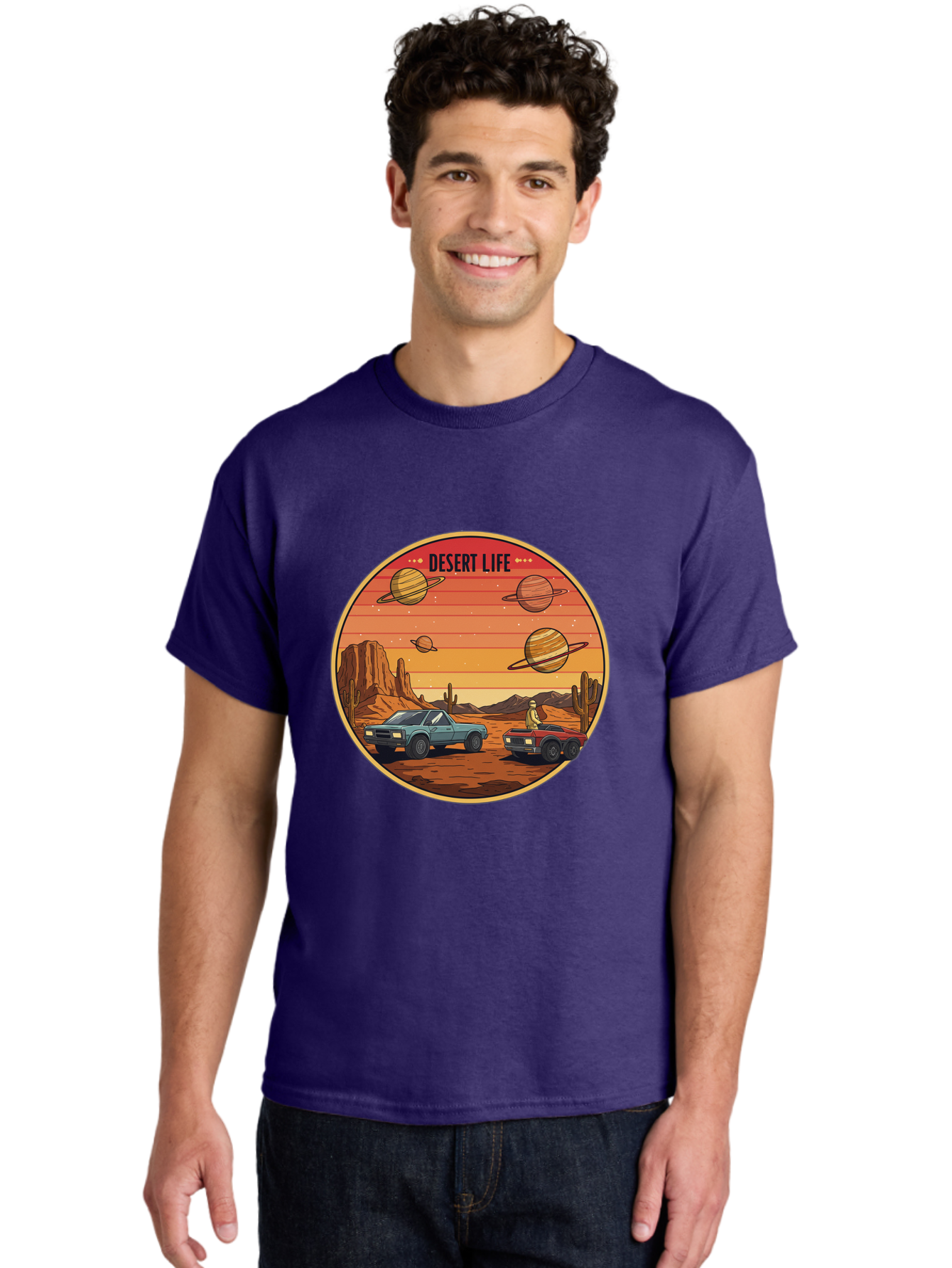 Desert-Life-3 Men'S Graphic Tee, 100% Cotton, Comfortable Casual Summer Wear, Machine Washable, Desert Landscape, Vintage Cars, Futuristic Planets, Rocky Terrain, Orange Sunset, Adventure Scene, Retro-Futuristic, Space Travel, Bac989