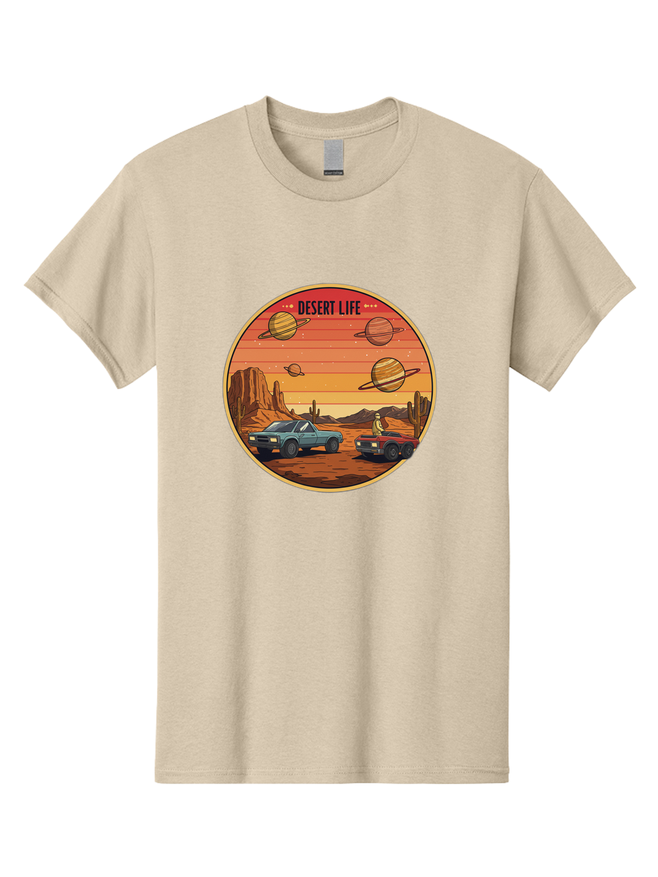 Desert-Life-3 Men'S Graphic Tee, 100% Cotton, Comfortable Casual Summer Wear, Machine Washable, Desert Landscape, Vintage Cars, Futuristic Planets, Rocky Terrain, Orange Sunset, Adventure Scene, Retro-Futuristic, Space Travel, Bac989