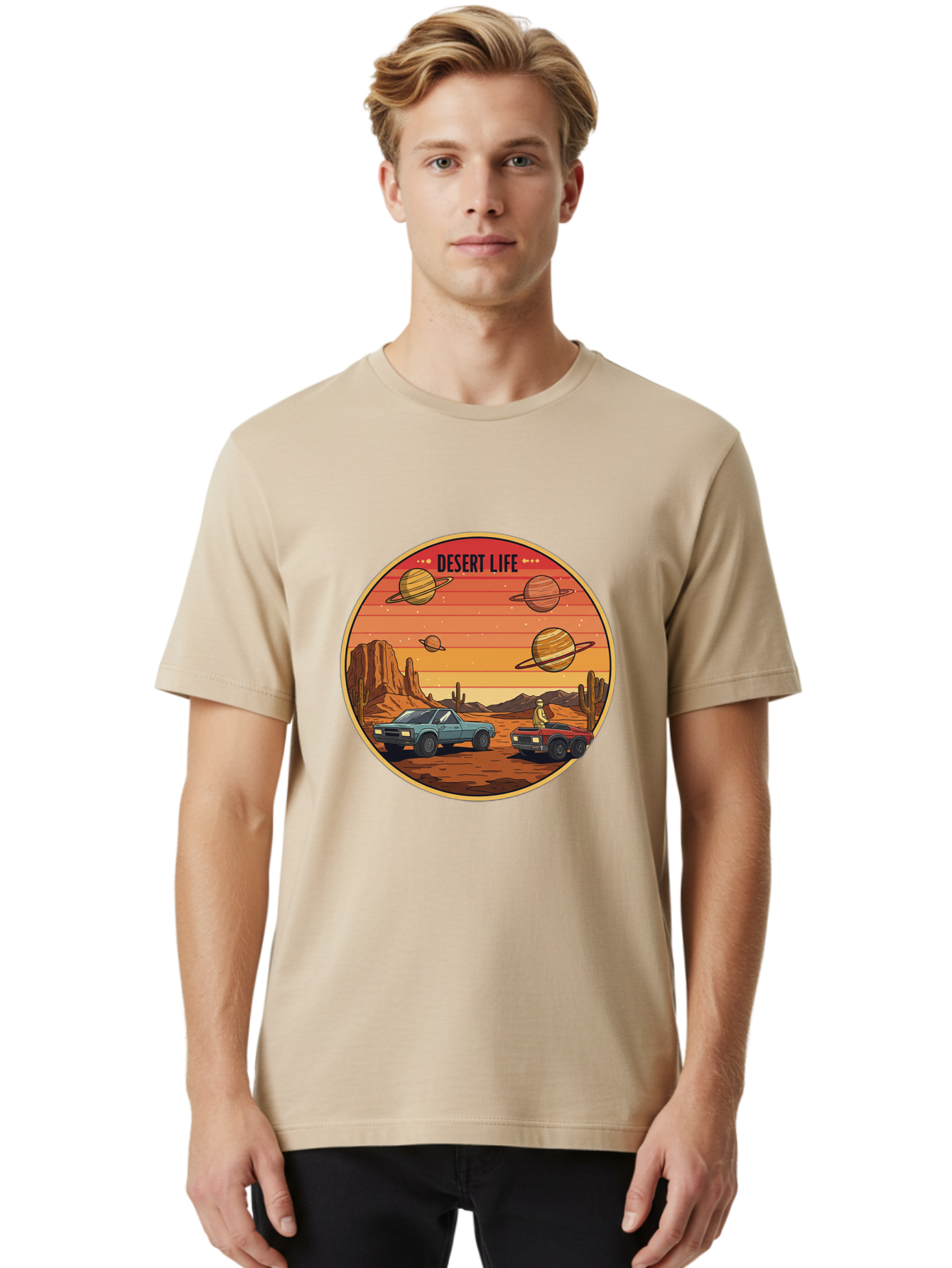 Desert-Life-3 Men'S Graphic Tee, 100% Cotton, Comfortable Casual Summer Wear, Machine Washable, Desert Landscape, Vintage Cars, Futuristic Planets, Rocky Terrain, Orange Sunset, Adventure Scene, Retro-Futuristic, Space Travel, Bac989
