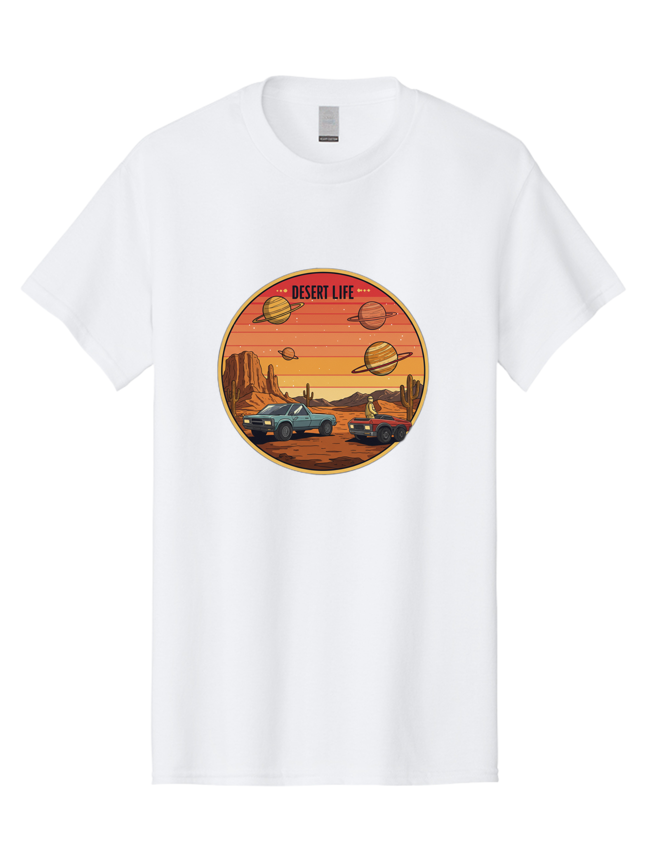 Desert-Life-3 Men'S Graphic Tee, 100% Cotton, Comfortable Casual Summer Wear, Machine Washable, Desert Landscape, Vintage Cars, Futuristic Planets, Rocky Terrain, Orange Sunset, Adventure Scene, Retro-Futuristic, Space Travel, Bac989