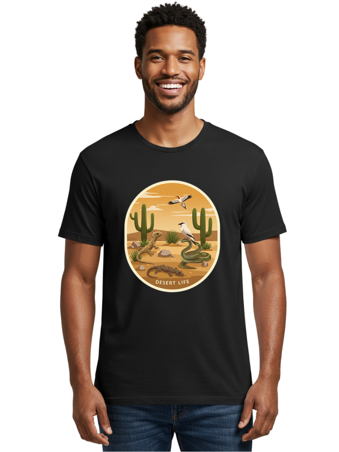 Desert-Life-4 Men'S Graphic Tee, 100% Cotton, Comfortable Casual Summer Wear, Machine Washable, Desert Wildlife, Cacti, Lizards, Snakes, Birds, Desert Scenery, Wildlife Habitat, Arid Landscape, Nature Illustration, Outdoor Wildlife, Bac990