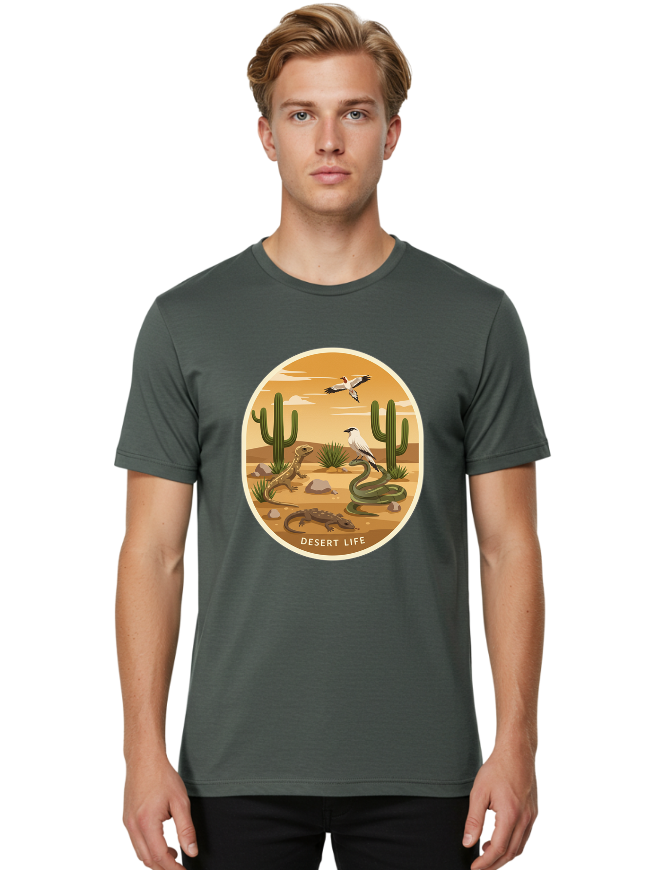 Desert-Life-4 Men'S Graphic Tee, 100% Cotton, Comfortable Casual Summer Wear, Machine Washable, Desert Wildlife, Cacti, Lizards, Snakes, Birds, Desert Scenery, Wildlife Habitat, Arid Landscape, Nature Illustration, Outdoor Wildlife, Bac990