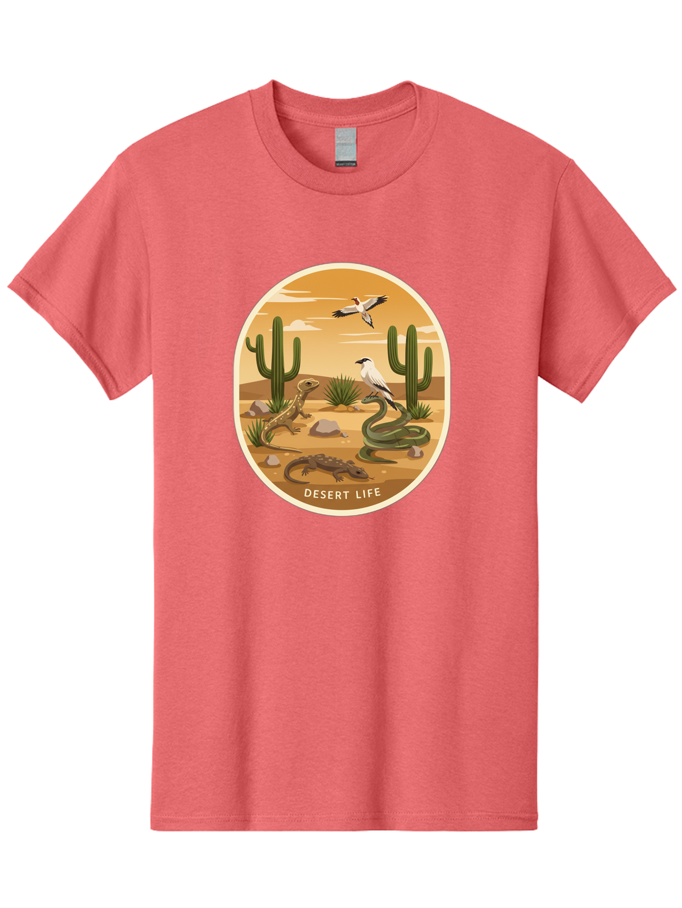 Desert-Life-4 Men'S Graphic Tee, 100% Cotton, Comfortable Casual Summer Wear, Machine Washable, Desert Wildlife, Cacti, Lizards, Snakes, Birds, Desert Scenery, Wildlife Habitat, Arid Landscape, Nature Illustration, Outdoor Wildlife, Bac990
