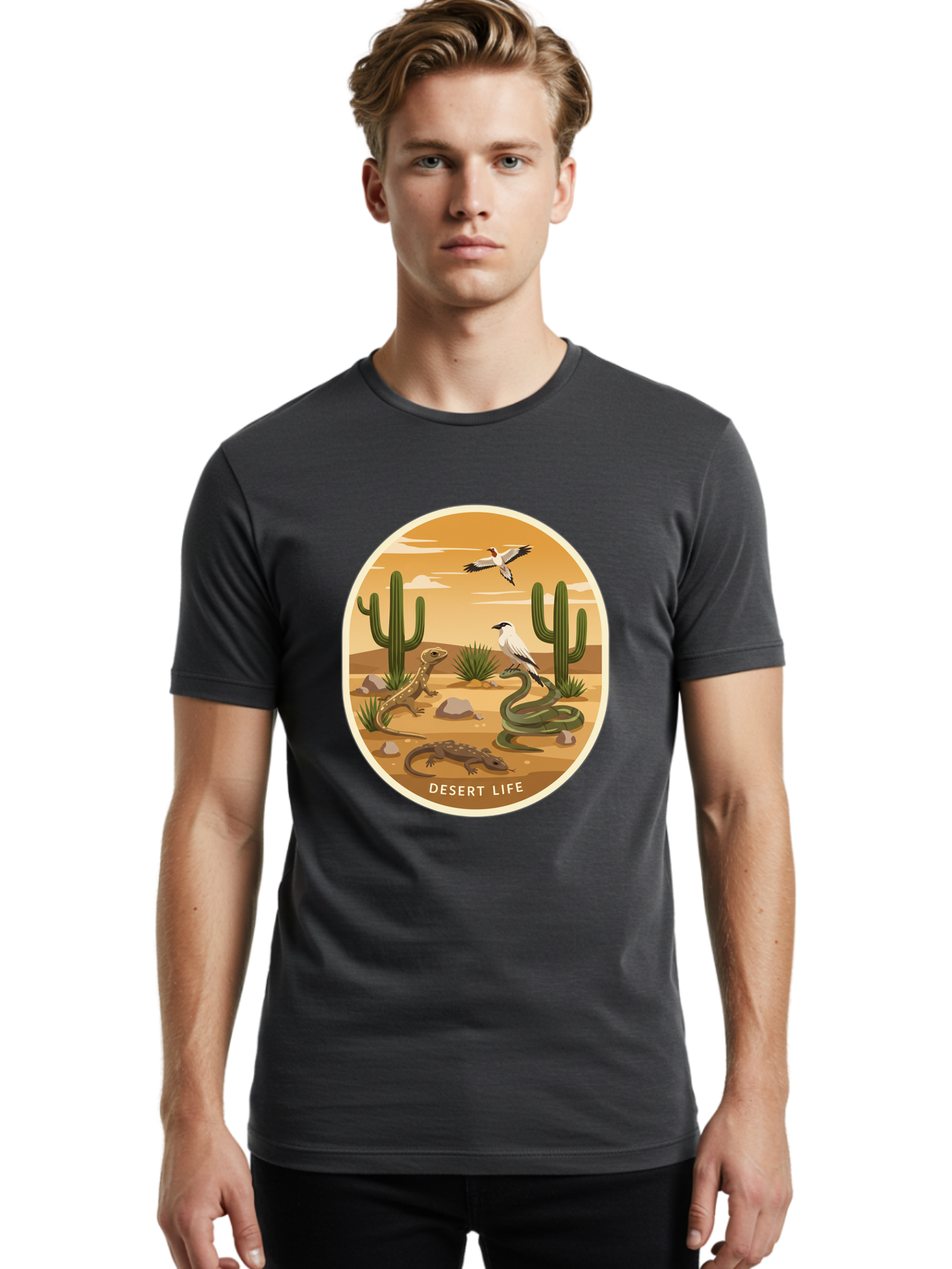 Desert-Life-4 Men'S Graphic Tee, 100% Cotton, Comfortable Casual Summer Wear, Machine Washable, Desert Wildlife, Cacti, Lizards, Snakes, Birds, Desert Scenery, Wildlife Habitat, Arid Landscape, Nature Illustration, Outdoor Wildlife, Bac990