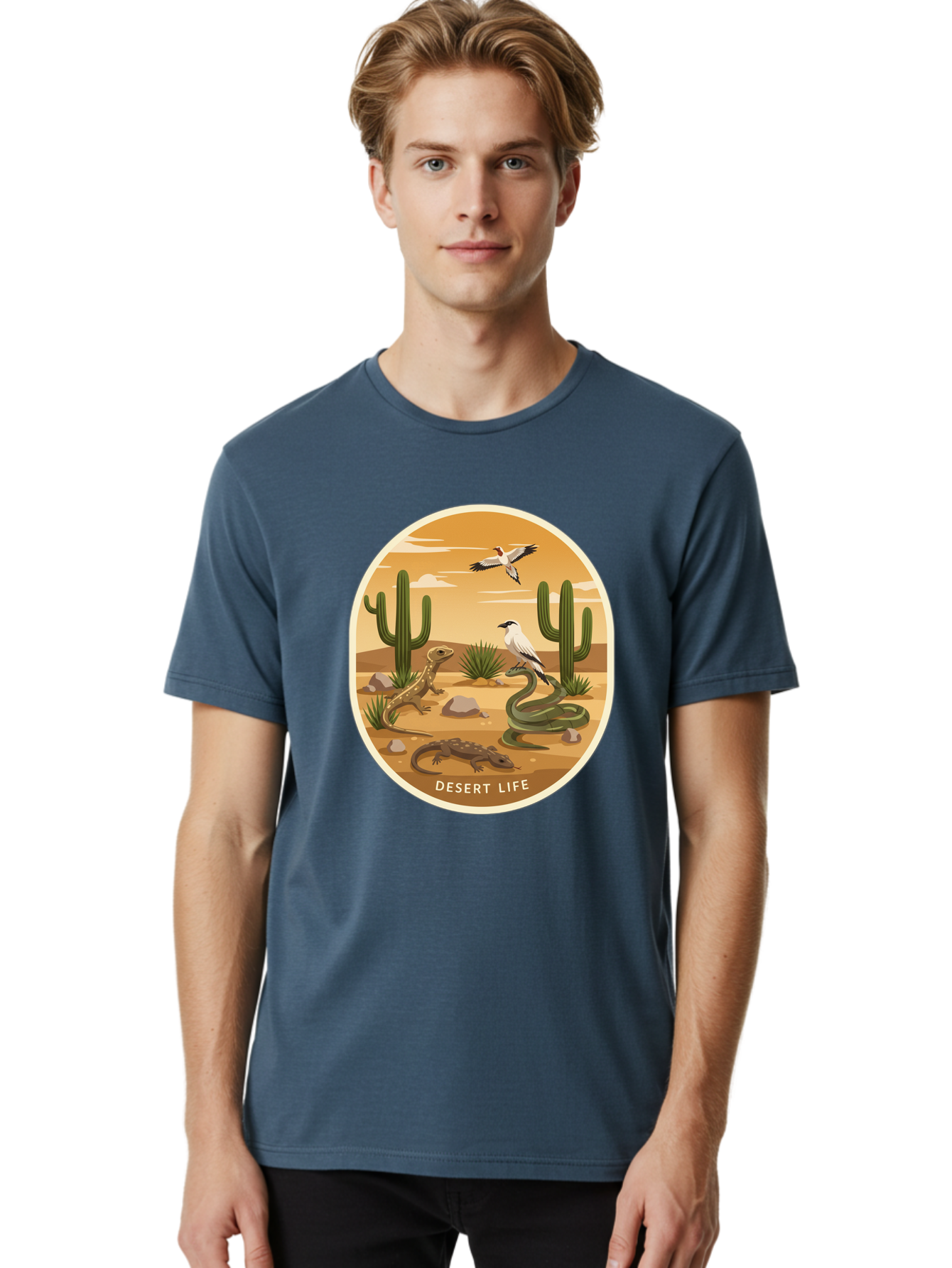 Desert-Life-4 Men'S Graphic Tee, 100% Cotton, Comfortable Casual Summer Wear, Machine Washable, Desert Wildlife, Cacti, Lizards, Snakes, Birds, Desert Scenery, Wildlife Habitat, Arid Landscape, Nature Illustration, Outdoor Wildlife, Bac990