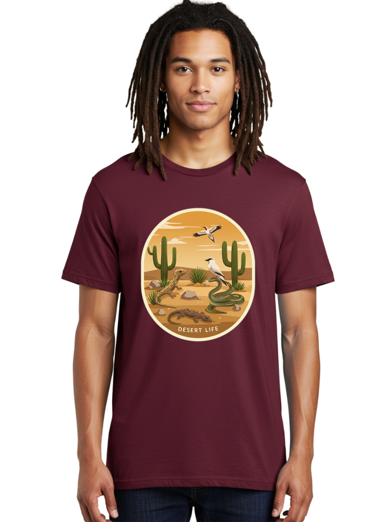Desert-Life-4 Men'S Graphic Tee, 100% Cotton, Comfortable Casual Summer Wear, Machine Washable, Desert Wildlife, Cacti, Lizards, Snakes, Birds, Desert Scenery, Wildlife Habitat, Arid Landscape, Nature Illustration, Outdoor Wildlife, Bac990