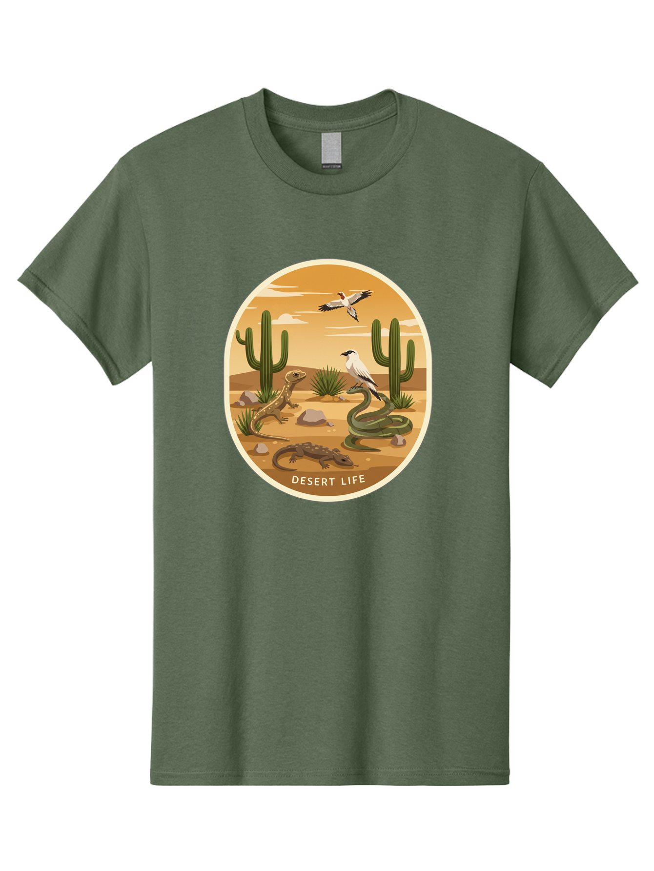 Desert-Life-4 Men'S Graphic Tee, 100% Cotton, Comfortable Casual Summer Wear, Machine Washable, Desert Wildlife, Cacti, Lizards, Snakes, Birds, Desert Scenery, Wildlife Habitat, Arid Landscape, Nature Illustration, Outdoor Wildlife, Bac990