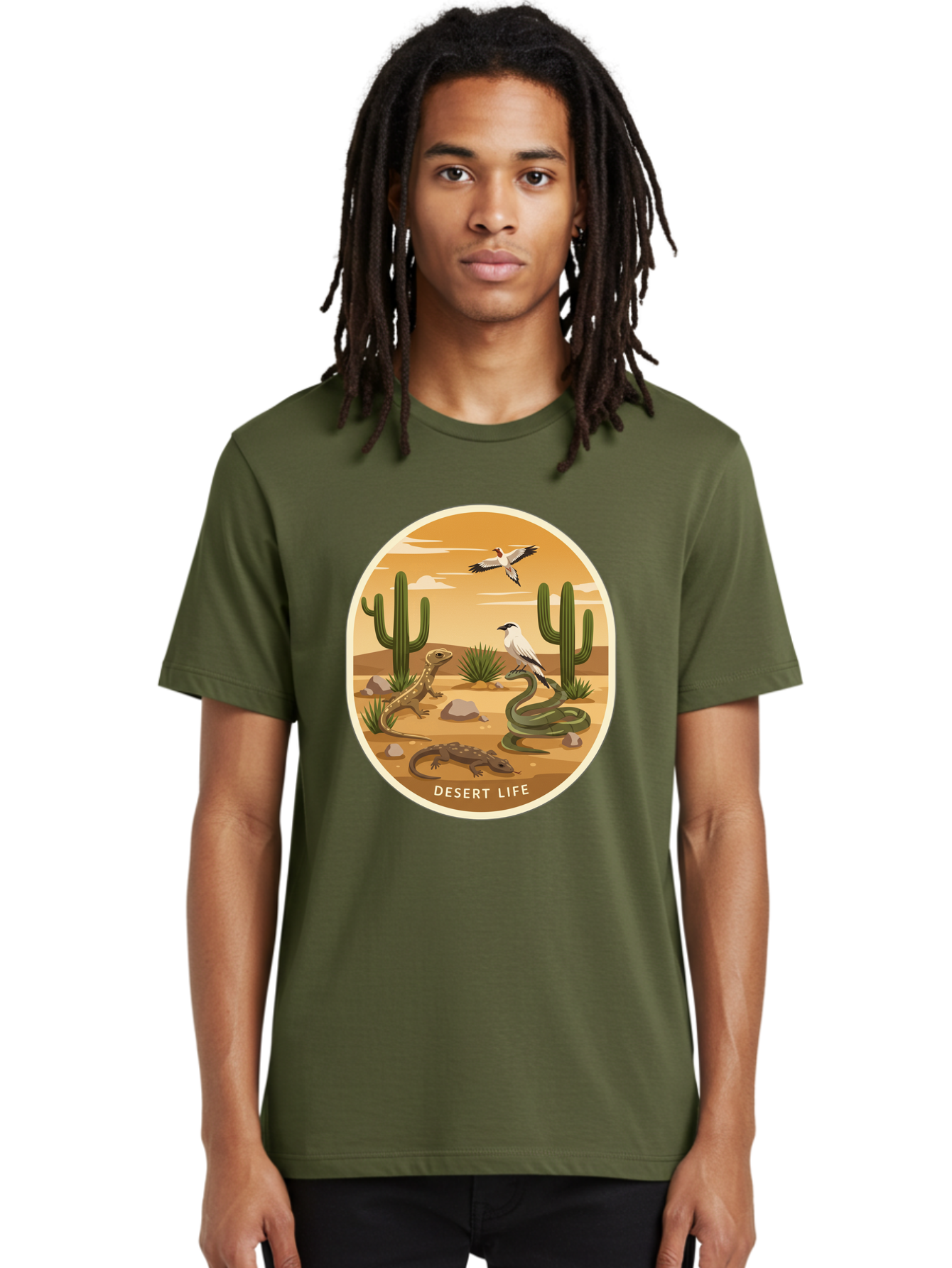 Desert-Life-4 Men'S Graphic Tee, 100% Cotton, Comfortable Casual Summer Wear, Machine Washable, Desert Wildlife, Cacti, Lizards, Snakes, Birds, Desert Scenery, Wildlife Habitat, Arid Landscape, Nature Illustration, Outdoor Wildlife, Bac990