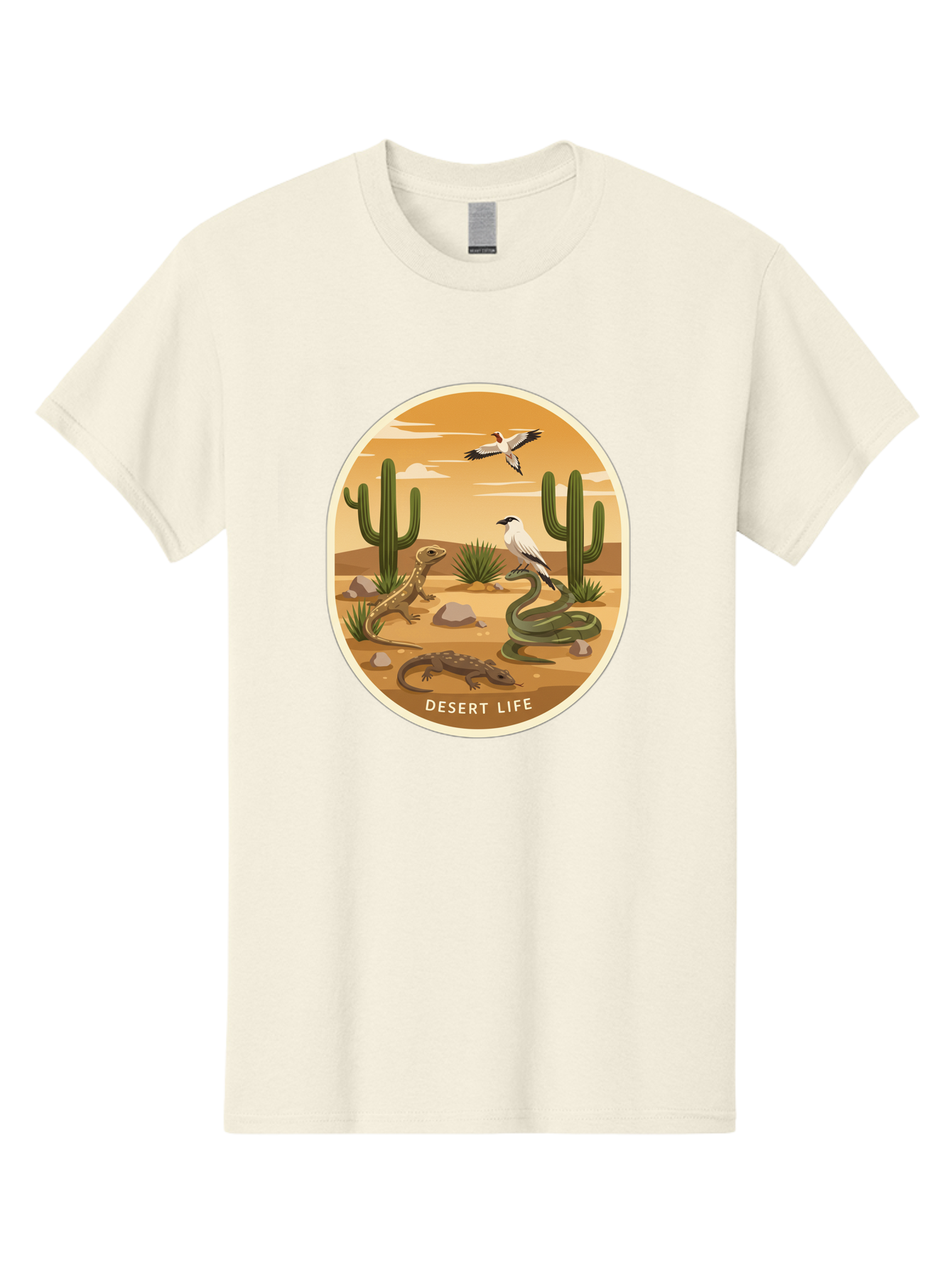 Desert-Life-4 Men'S Graphic Tee, 100% Cotton, Comfortable Casual Summer Wear, Machine Washable, Desert Wildlife, Cacti, Lizards, Snakes, Birds, Desert Scenery, Wildlife Habitat, Arid Landscape, Nature Illustration, Outdoor Wildlife, Bac990