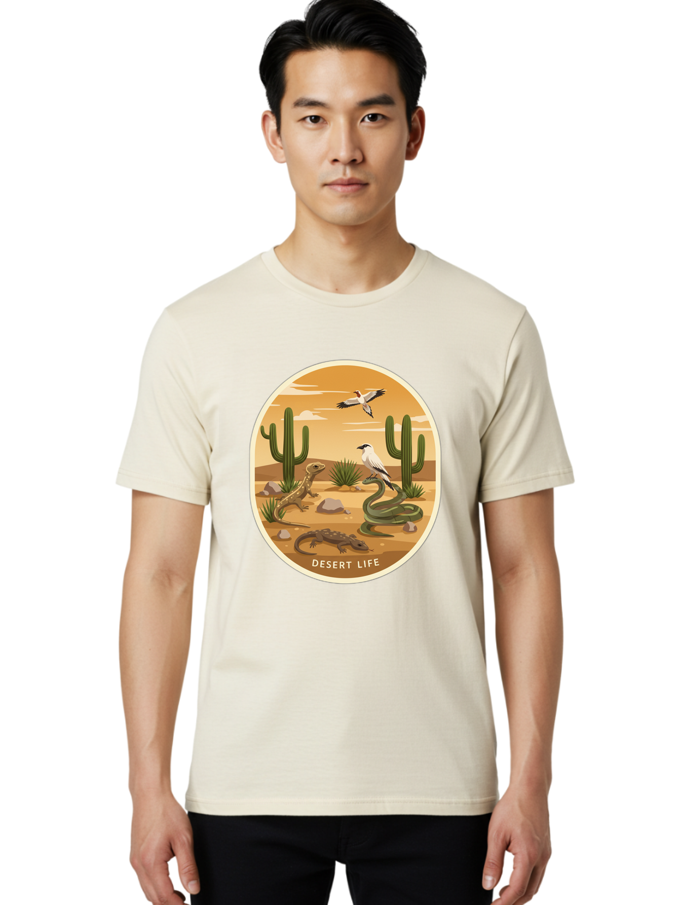 Desert-Life-4 Men'S Graphic Tee, 100% Cotton, Comfortable Casual Summer Wear, Machine Washable, Desert Wildlife, Cacti, Lizards, Snakes, Birds, Desert Scenery, Wildlife Habitat, Arid Landscape, Nature Illustration, Outdoor Wildlife, Bac990