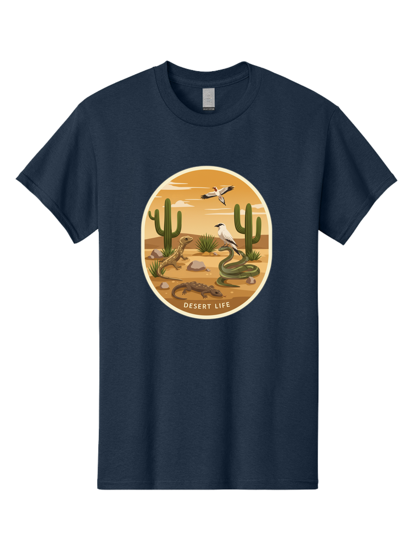 Desert-Life-4 Men'S Graphic Tee, 100% Cotton, Comfortable Casual Summer Wear, Machine Washable, Desert Wildlife, Cacti, Lizards, Snakes, Birds, Desert Scenery, Wildlife Habitat, Arid Landscape, Nature Illustration, Outdoor Wildlife, Bac990