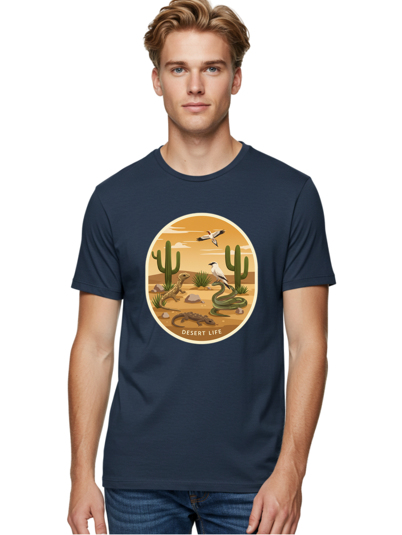 Desert-Life-4 Men'S Graphic Tee, 100% Cotton, Comfortable Casual Summer Wear, Machine Washable, Desert Wildlife, Cacti, Lizards, Snakes, Birds, Desert Scenery, Wildlife Habitat, Arid Landscape, Nature Illustration, Outdoor Wildlife, Bac990