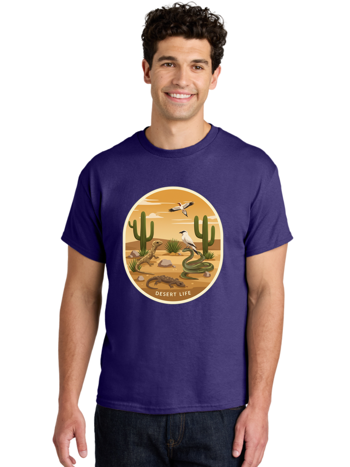 Desert-Life-4 Men'S Graphic Tee, 100% Cotton, Comfortable Casual Summer Wear, Machine Washable, Desert Wildlife, Cacti, Lizards, Snakes, Birds, Desert Scenery, Wildlife Habitat, Arid Landscape, Nature Illustration, Outdoor Wildlife, Bac990