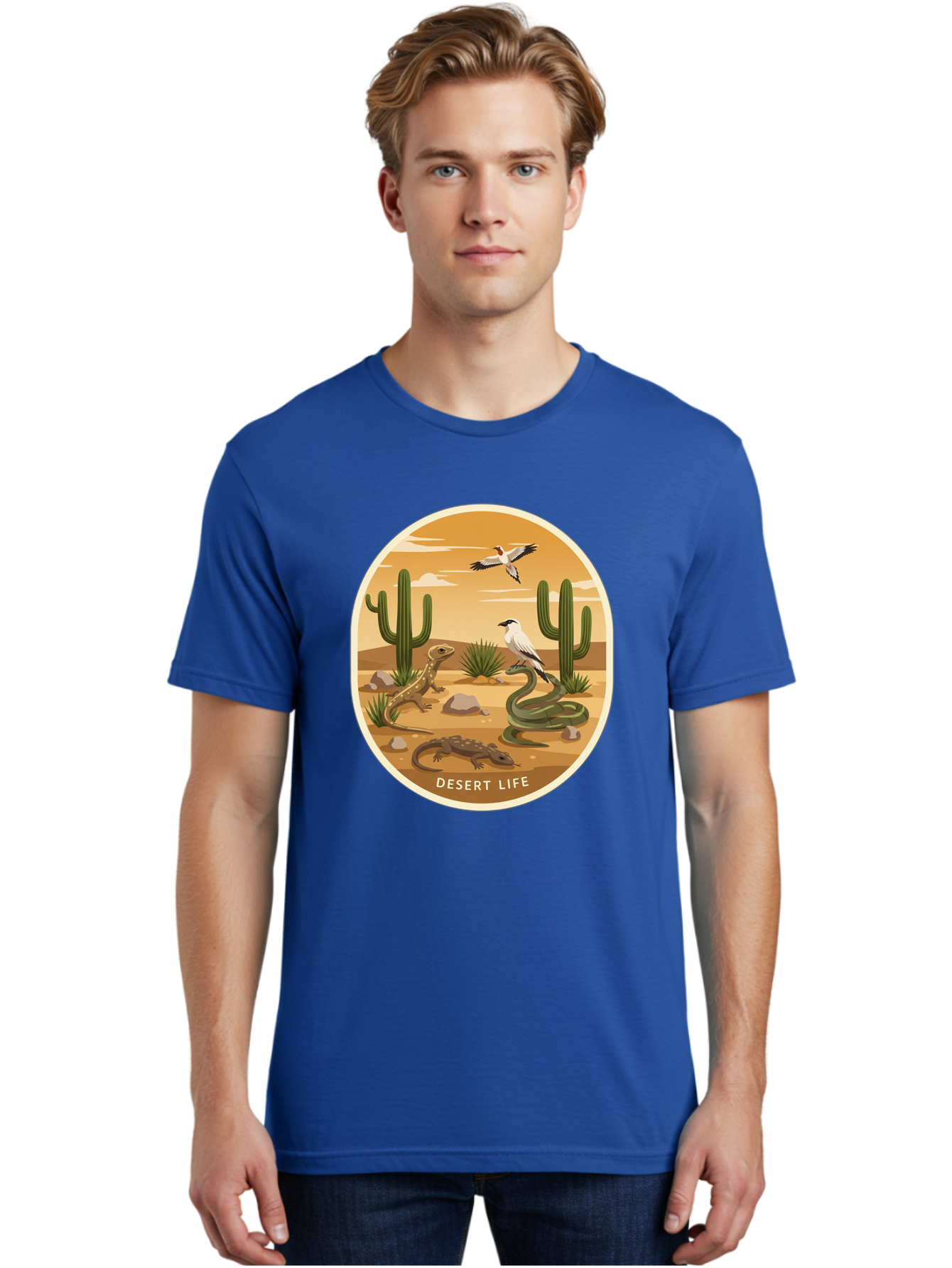 Desert-Life-4 Men'S Graphic Tee, 100% Cotton, Comfortable Casual Summer Wear, Machine Washable, Desert Wildlife, Cacti, Lizards, Snakes, Birds, Desert Scenery, Wildlife Habitat, Arid Landscape, Nature Illustration, Outdoor Wildlife, Bac990