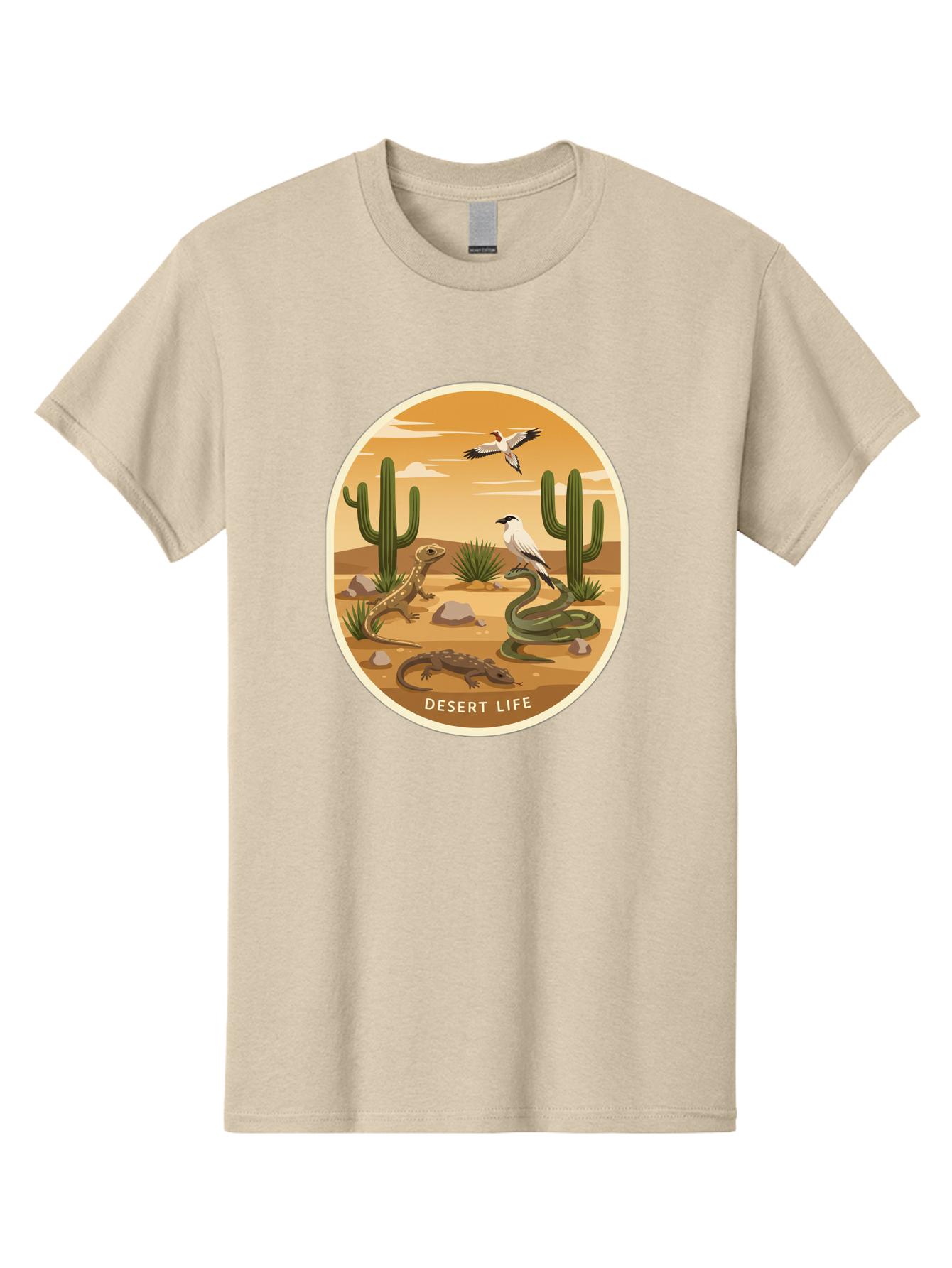 Desert-Life-4 Men'S Graphic Tee, 100% Cotton, Comfortable Casual Summer Wear, Machine Washable, Desert Wildlife, Cacti, Lizards, Snakes, Birds, Desert Scenery, Wildlife Habitat, Arid Landscape, Nature Illustration, Outdoor Wildlife, Bac990