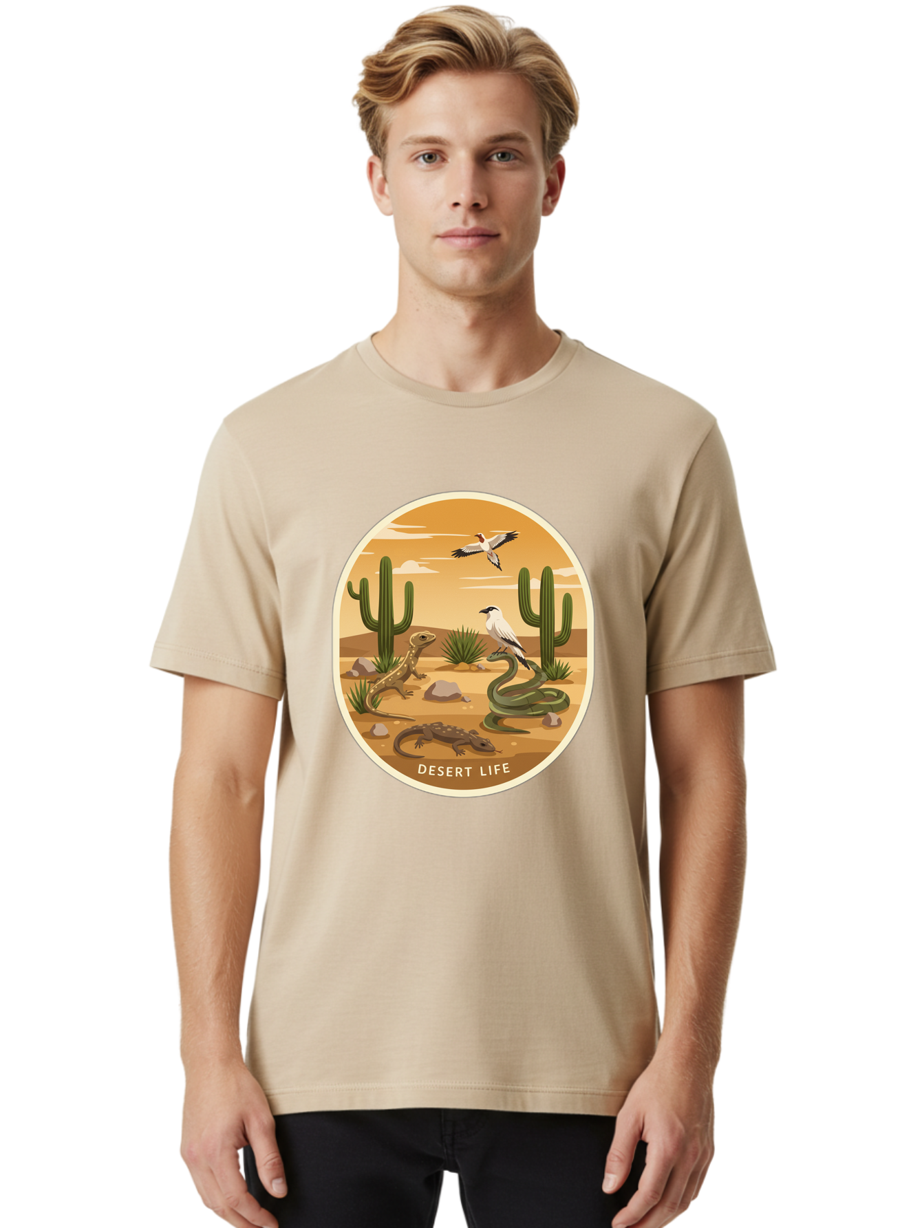 Desert-Life-4 Men'S Graphic Tee, 100% Cotton, Comfortable Casual Summer Wear, Machine Washable, Desert Wildlife, Cacti, Lizards, Snakes, Birds, Desert Scenery, Wildlife Habitat, Arid Landscape, Nature Illustration, Outdoor Wildlife, Bac990