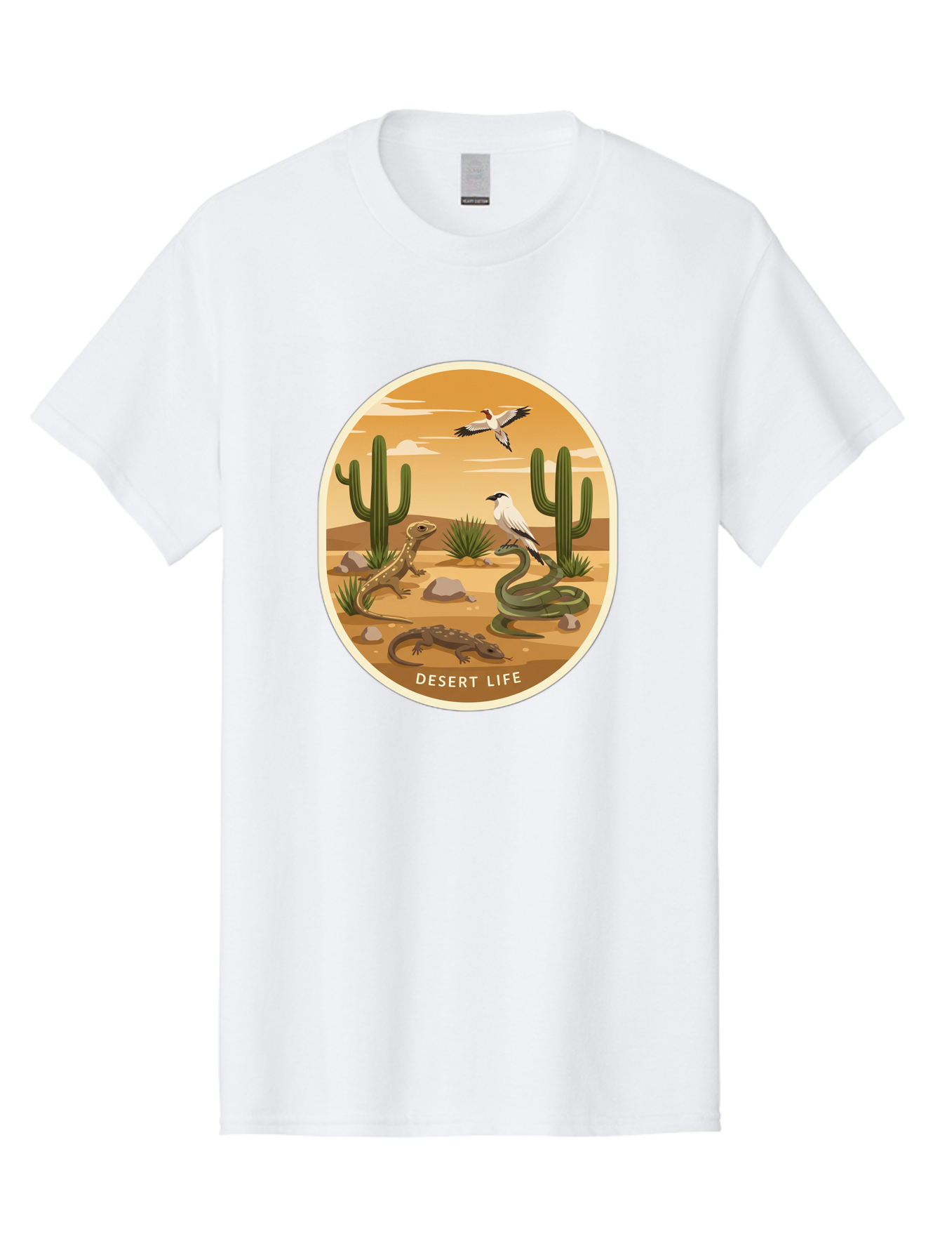 Desert-Life-4 Men'S Graphic Tee, 100% Cotton, Comfortable Casual Summer Wear, Machine Washable, Desert Wildlife, Cacti, Lizards, Snakes, Birds, Desert Scenery, Wildlife Habitat, Arid Landscape, Nature Illustration, Outdoor Wildlife, Bac990
