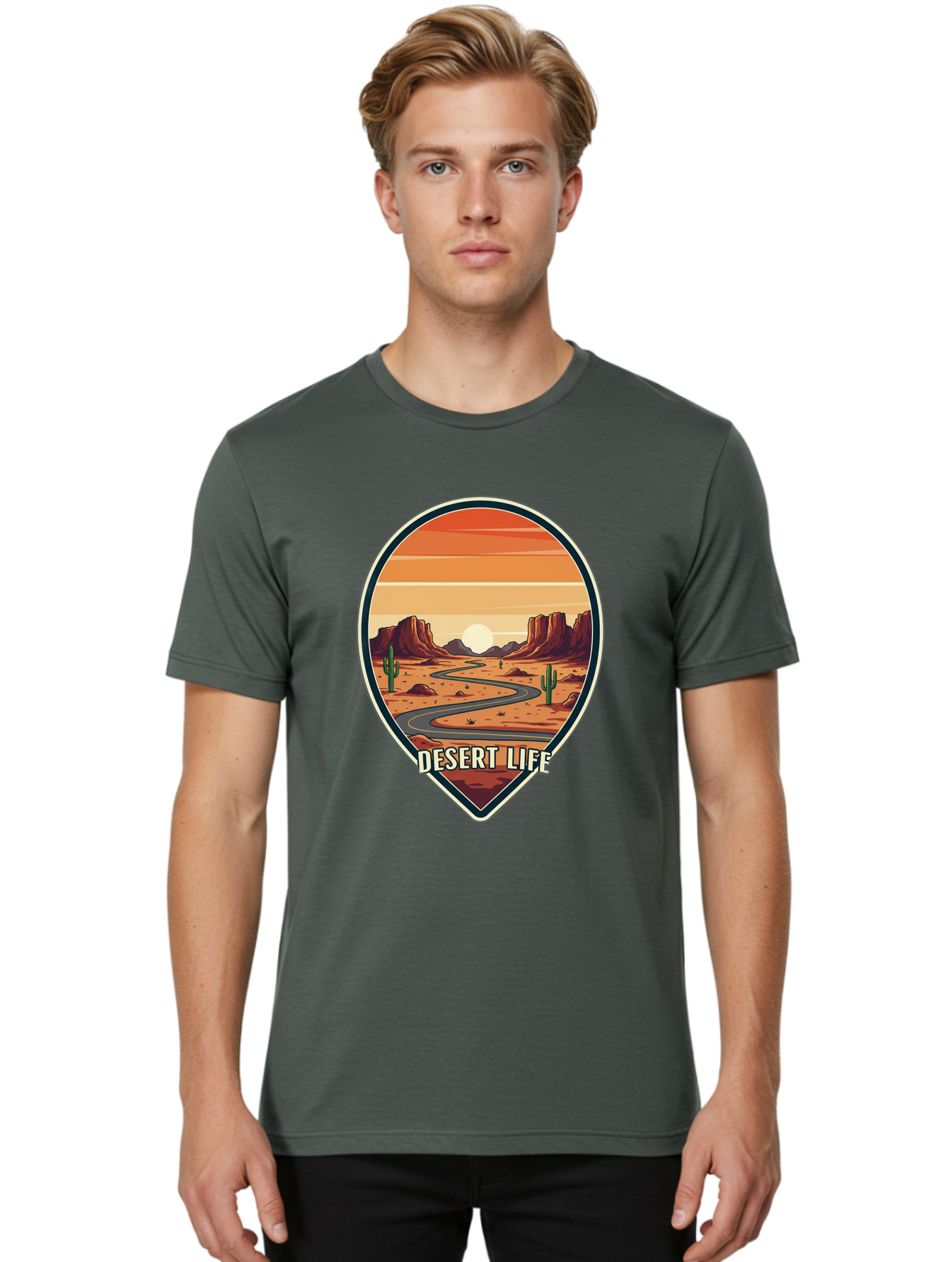 Desert-Life-5 Men'S Graphic Tee, 100% Cotton, Comfortable Casual Summer Wear, Machine Washable, Desert Landscape, Winding Road, Rocky Cliffs, Cacti, Orange Sunset, Desert Scenery, Outdoor Adventure, Travel Inspiration, Serene Atmosphere, Bac991