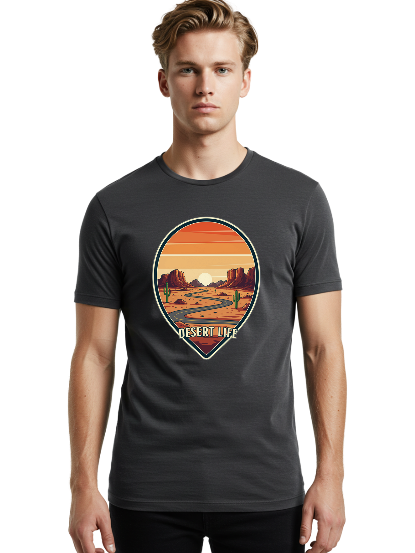 Desert-Life-5 Men'S Graphic Tee, 100% Cotton, Comfortable Casual Summer Wear, Machine Washable, Desert Landscape, Winding Road, Rocky Cliffs, Cacti, Orange Sunset, Desert Scenery, Outdoor Adventure, Travel Inspiration, Serene Atmosphere, Bac991