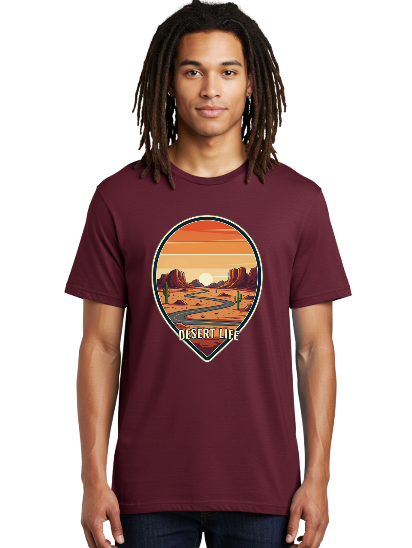 Desert-Life-5 Men'S Graphic Tee, 100% Cotton, Comfortable Casual Summer Wear, Machine Washable, Desert Landscape, Winding Road, Rocky Cliffs, Cacti, Orange Sunset, Desert Scenery, Outdoor Adventure, Travel Inspiration, Serene Atmosphere, Bac991