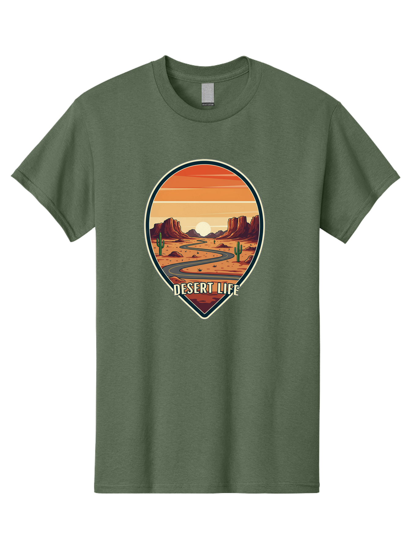Desert-Life-5 Men'S Graphic Tee, 100% Cotton, Comfortable Casual Summer Wear, Machine Washable, Desert Landscape, Winding Road, Rocky Cliffs, Cacti, Orange Sunset, Desert Scenery, Outdoor Adventure, Travel Inspiration, Serene Atmosphere, Bac991