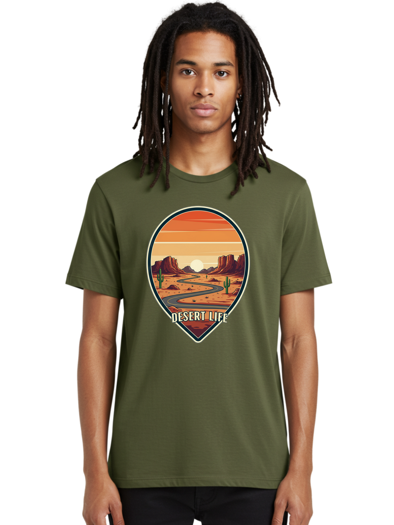 Desert-Life-5 Men'S Graphic Tee, 100% Cotton, Comfortable Casual Summer Wear, Machine Washable, Desert Landscape, Winding Road, Rocky Cliffs, Cacti, Orange Sunset, Desert Scenery, Outdoor Adventure, Travel Inspiration, Serene Atmosphere, Bac991