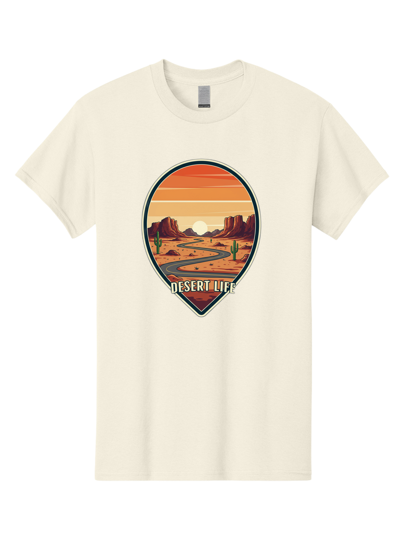 Desert-Life-5 Men'S Graphic Tee, 100% Cotton, Comfortable Casual Summer Wear, Machine Washable, Desert Landscape, Winding Road, Rocky Cliffs, Cacti, Orange Sunset, Desert Scenery, Outdoor Adventure, Travel Inspiration, Serene Atmosphere, Bac991