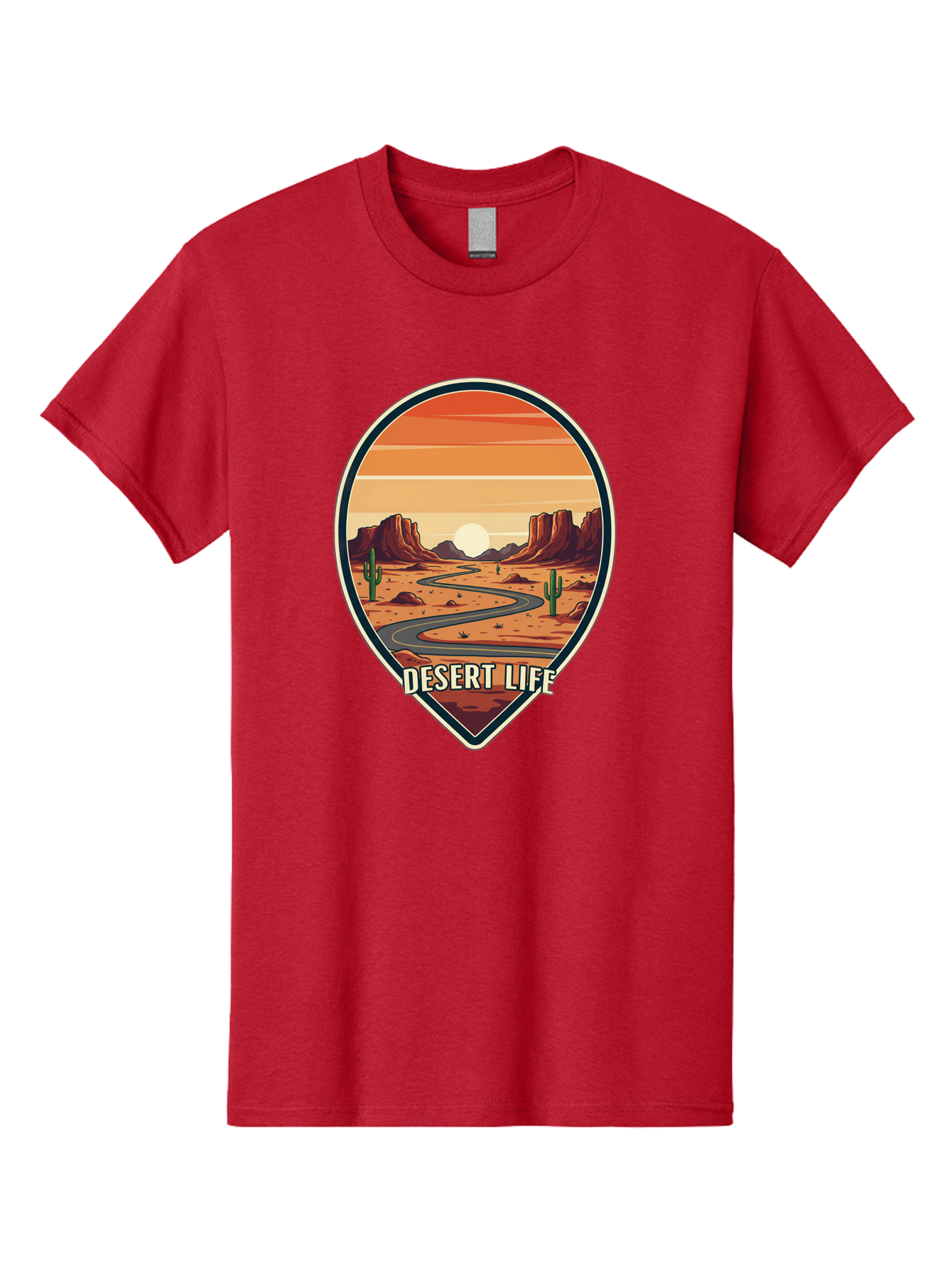 Desert-Life-5 Men'S Graphic Tee, 100% Cotton, Comfortable Casual Summer Wear, Machine Washable, Desert Landscape, Winding Road, Rocky Cliffs, Cacti, Orange Sunset, Desert Scenery, Outdoor Adventure, Travel Inspiration, Serene Atmosphere, Bac991