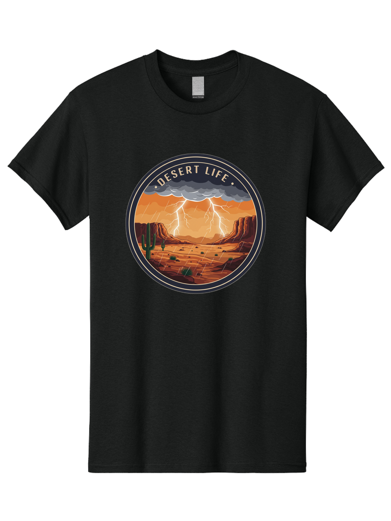 Desert-Life-6 Men'S Graphic Tee, 100% Cotton, Comfortable Casual Summer Wear, Machine Washable, Desert Landscape, Thunderstorm, Desert Storm, Lightning In Desert, Western Scenery, Rocky Terrain, Cactus, Desert Weather, Outdoor Adventure Bac992