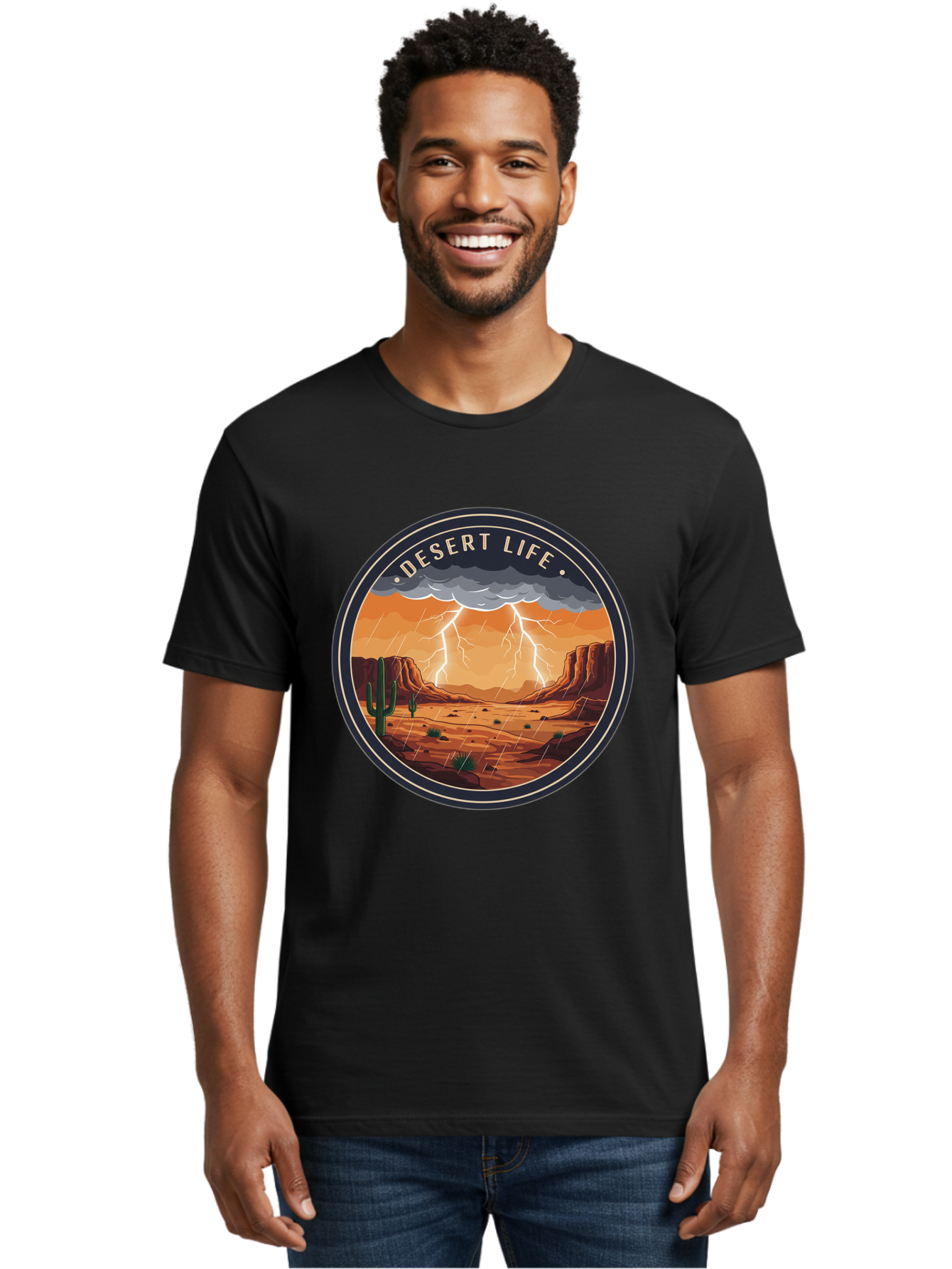 Desert-Life-6 Men'S Graphic Tee, 100% Cotton, Comfortable Casual Summer Wear, Machine Washable, Desert Landscape, Thunderstorm, Desert Storm, Lightning In Desert, Western Scenery, Rocky Terrain, Cactus, Desert Weather, Outdoor Adventure Bac992