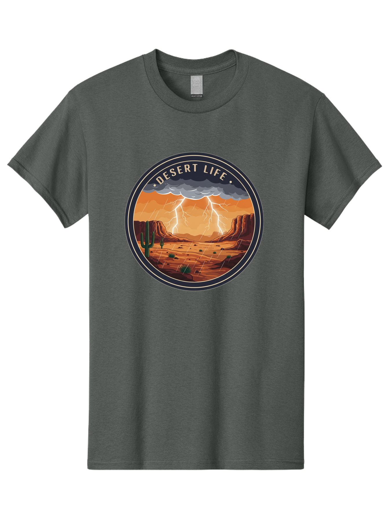 Desert-Life-6 Men'S Graphic Tee, 100% Cotton, Comfortable Casual Summer Wear, Machine Washable, Desert Landscape, Thunderstorm, Desert Storm, Lightning In Desert, Western Scenery, Rocky Terrain, Cactus, Desert Weather, Outdoor Adventure Bac992