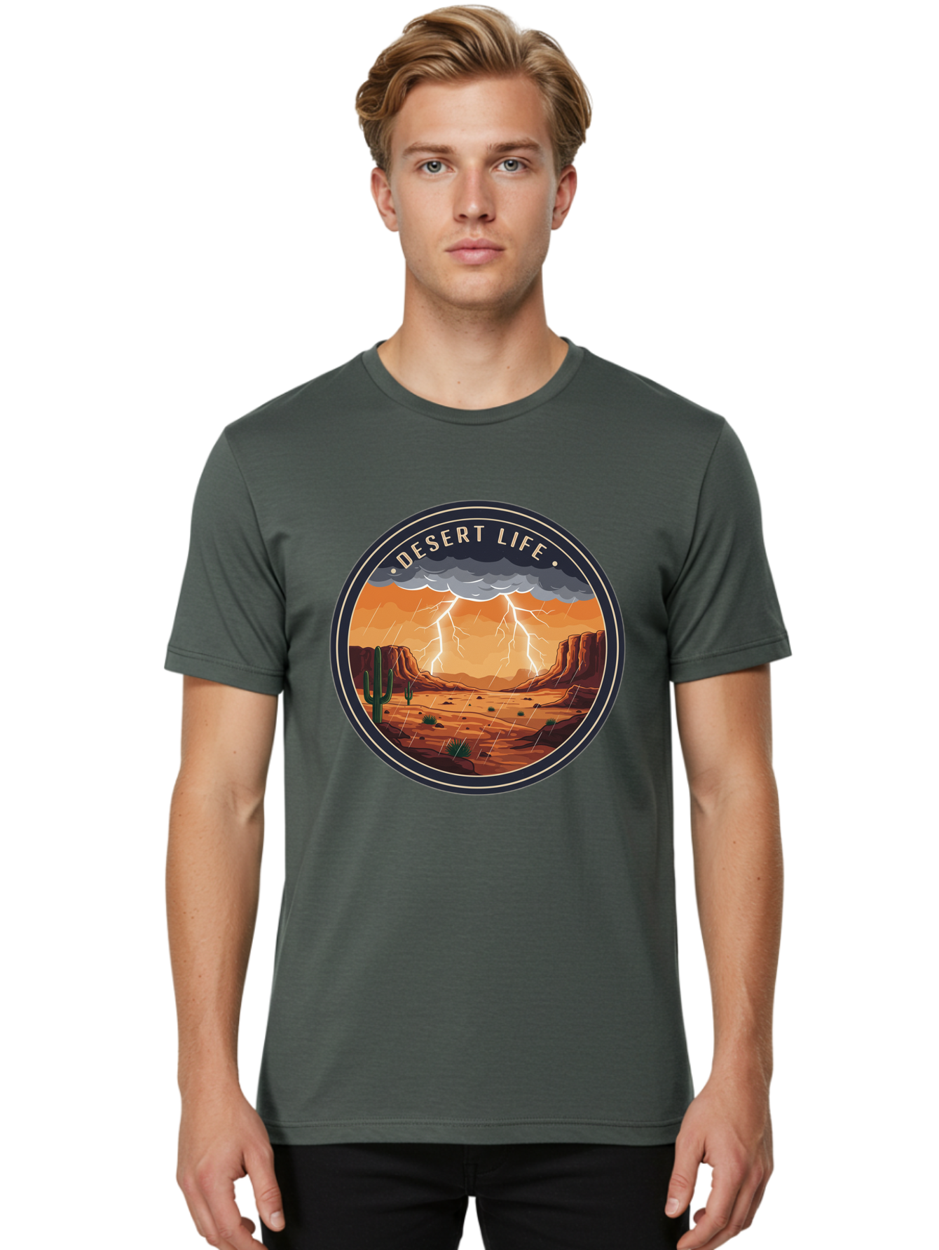Desert-Life-6 Men'S Graphic Tee, 100% Cotton, Comfortable Casual Summer Wear, Machine Washable, Desert Landscape, Thunderstorm, Desert Storm, Lightning In Desert, Western Scenery, Rocky Terrain, Cactus, Desert Weather, Outdoor Adventure Bac992
