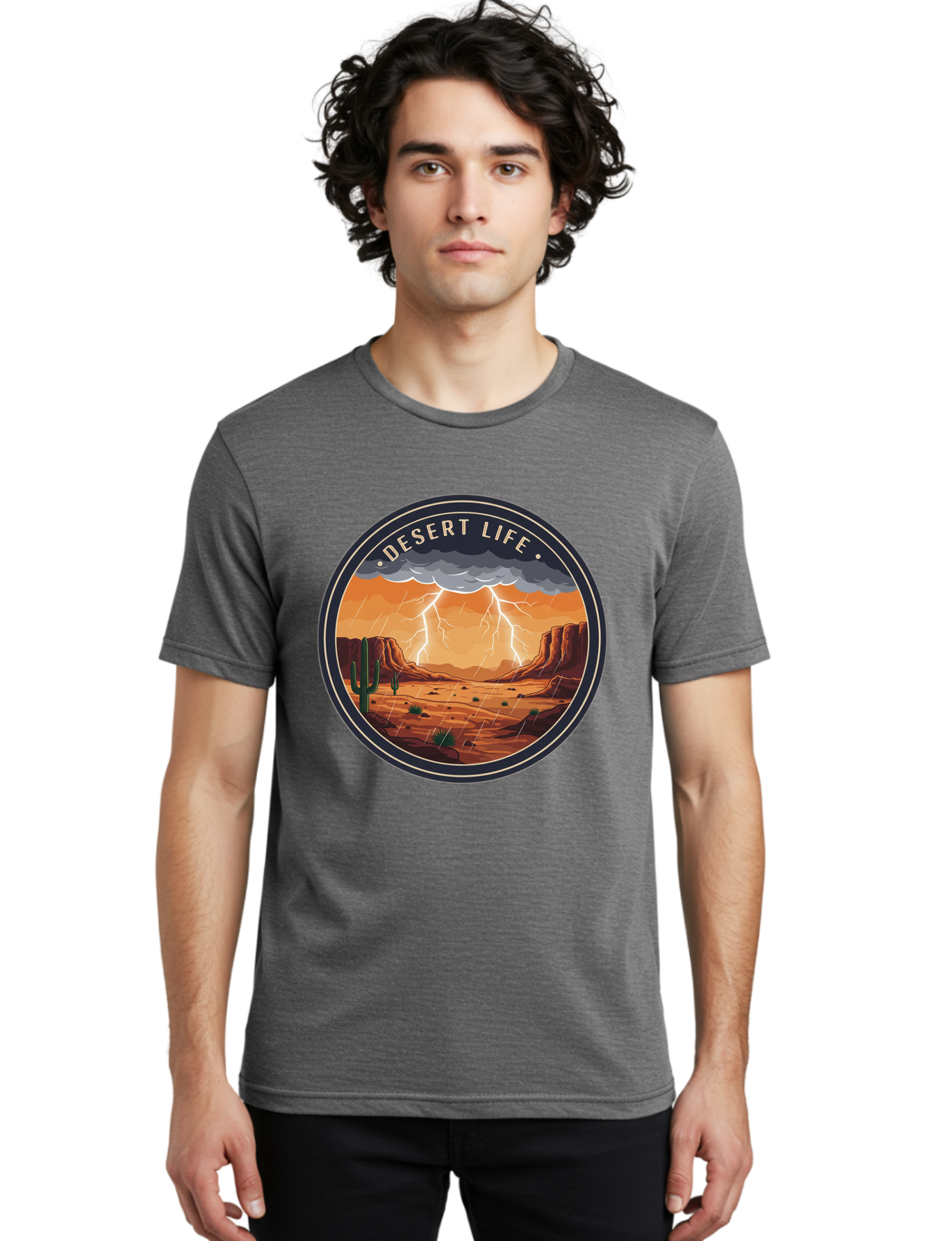 Desert-Life-6 Men'S Graphic Tee, 100% Cotton, Comfortable Casual Summer Wear, Machine Washable, Desert Landscape, Thunderstorm, Desert Storm, Lightning In Desert, Western Scenery, Rocky Terrain, Cactus, Desert Weather, Outdoor Adventure Bac992