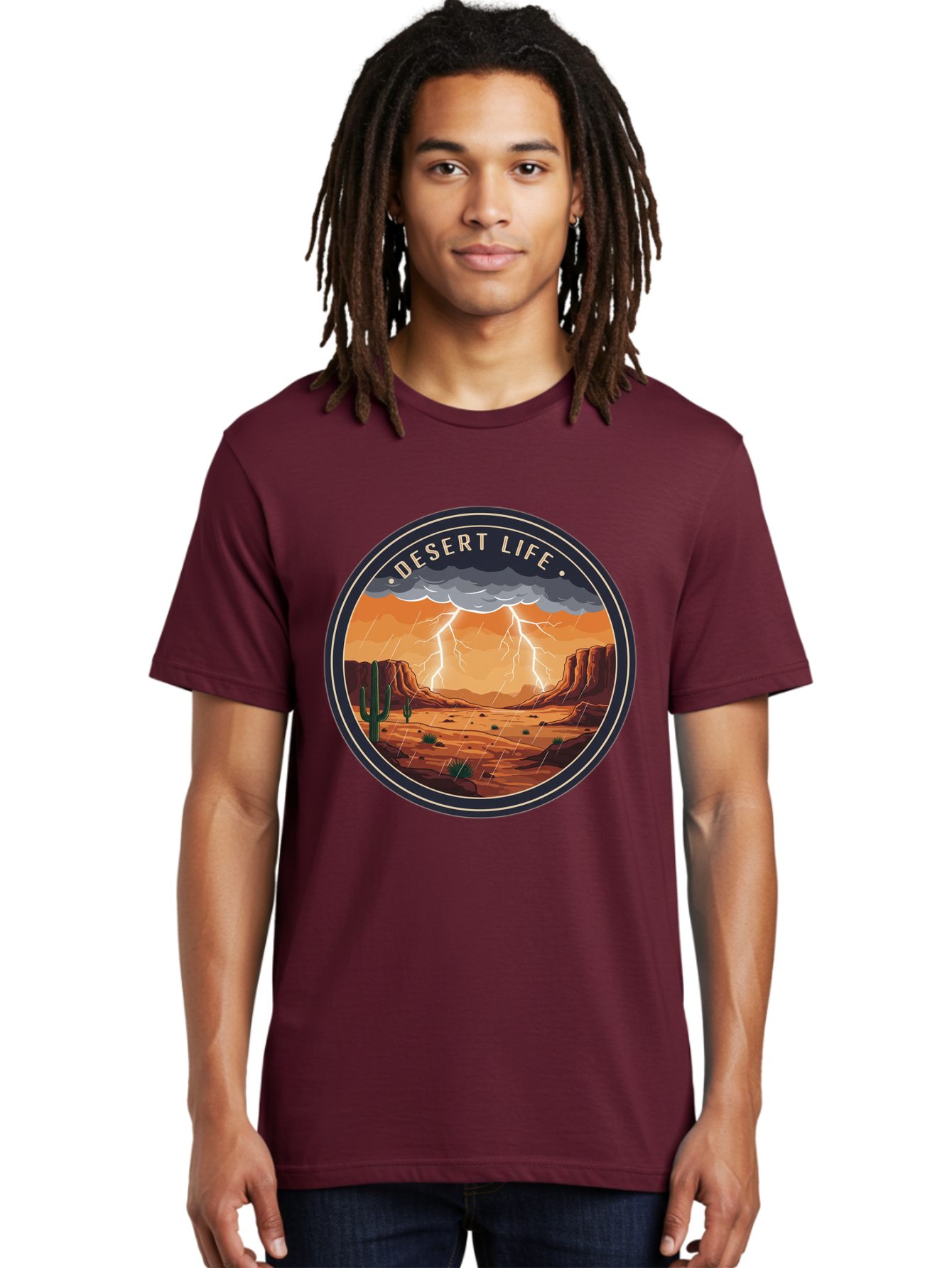 Desert-Life-6 Men'S Graphic Tee, 100% Cotton, Comfortable Casual Summer Wear, Machine Washable, Desert Landscape, Thunderstorm, Desert Storm, Lightning In Desert, Western Scenery, Rocky Terrain, Cactus, Desert Weather, Outdoor Adventure Bac992