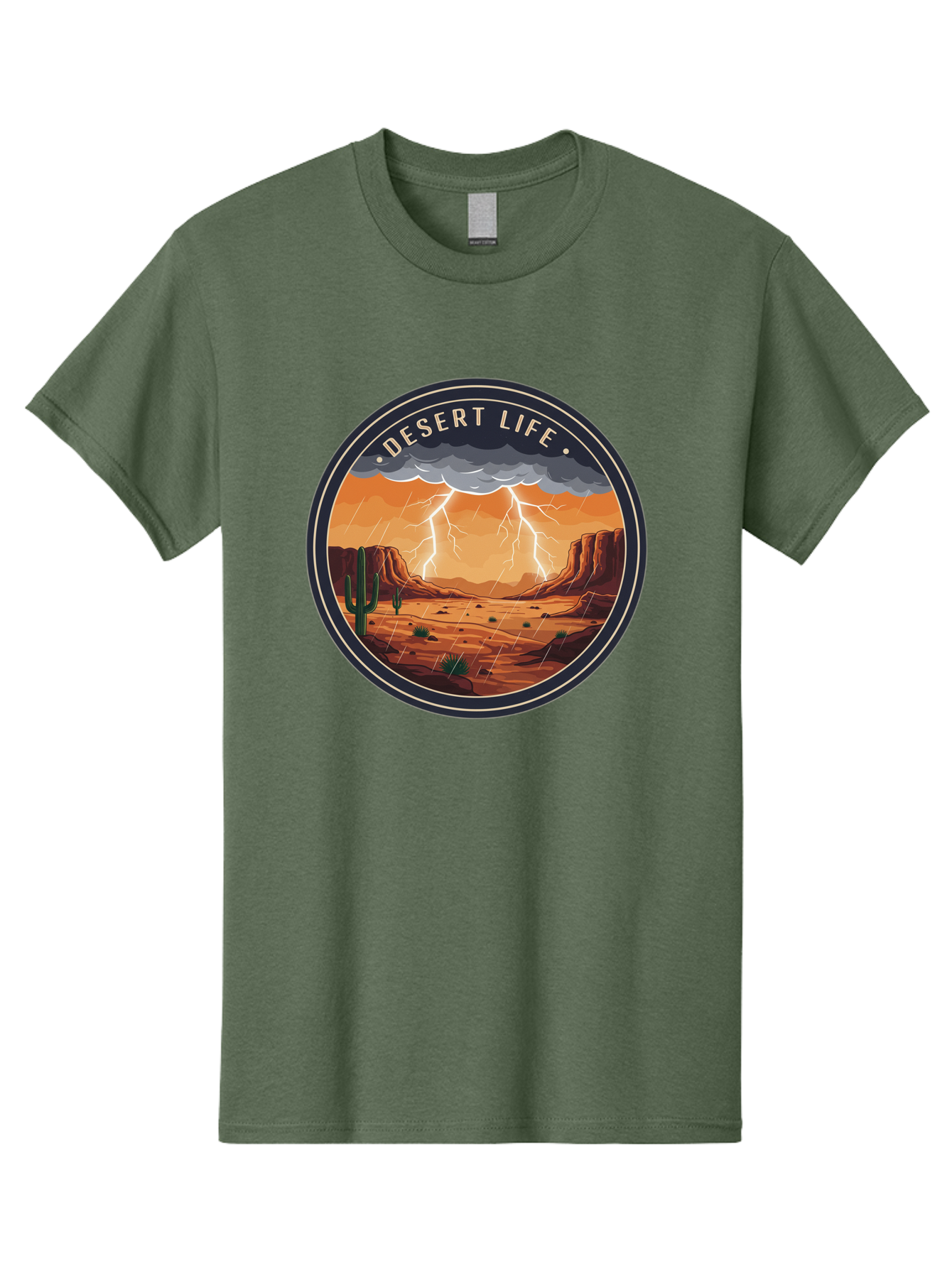 Desert-Life-6 Men'S Graphic Tee, 100% Cotton, Comfortable Casual Summer Wear, Machine Washable, Desert Landscape, Thunderstorm, Desert Storm, Lightning In Desert, Western Scenery, Rocky Terrain, Cactus, Desert Weather, Outdoor Adventure Bac992