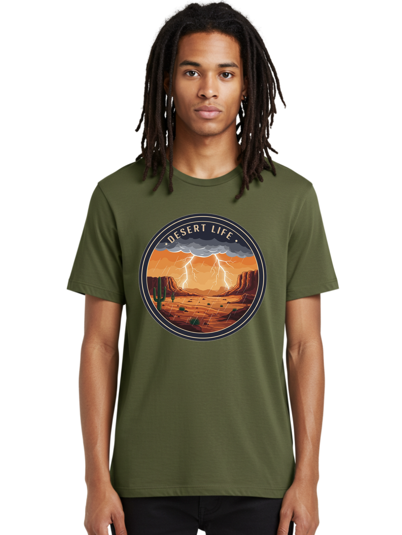 Desert-Life-6 Men'S Graphic Tee, 100% Cotton, Comfortable Casual Summer Wear, Machine Washable, Desert Landscape, Thunderstorm, Desert Storm, Lightning In Desert, Western Scenery, Rocky Terrain, Cactus, Desert Weather, Outdoor Adventure Bac992
