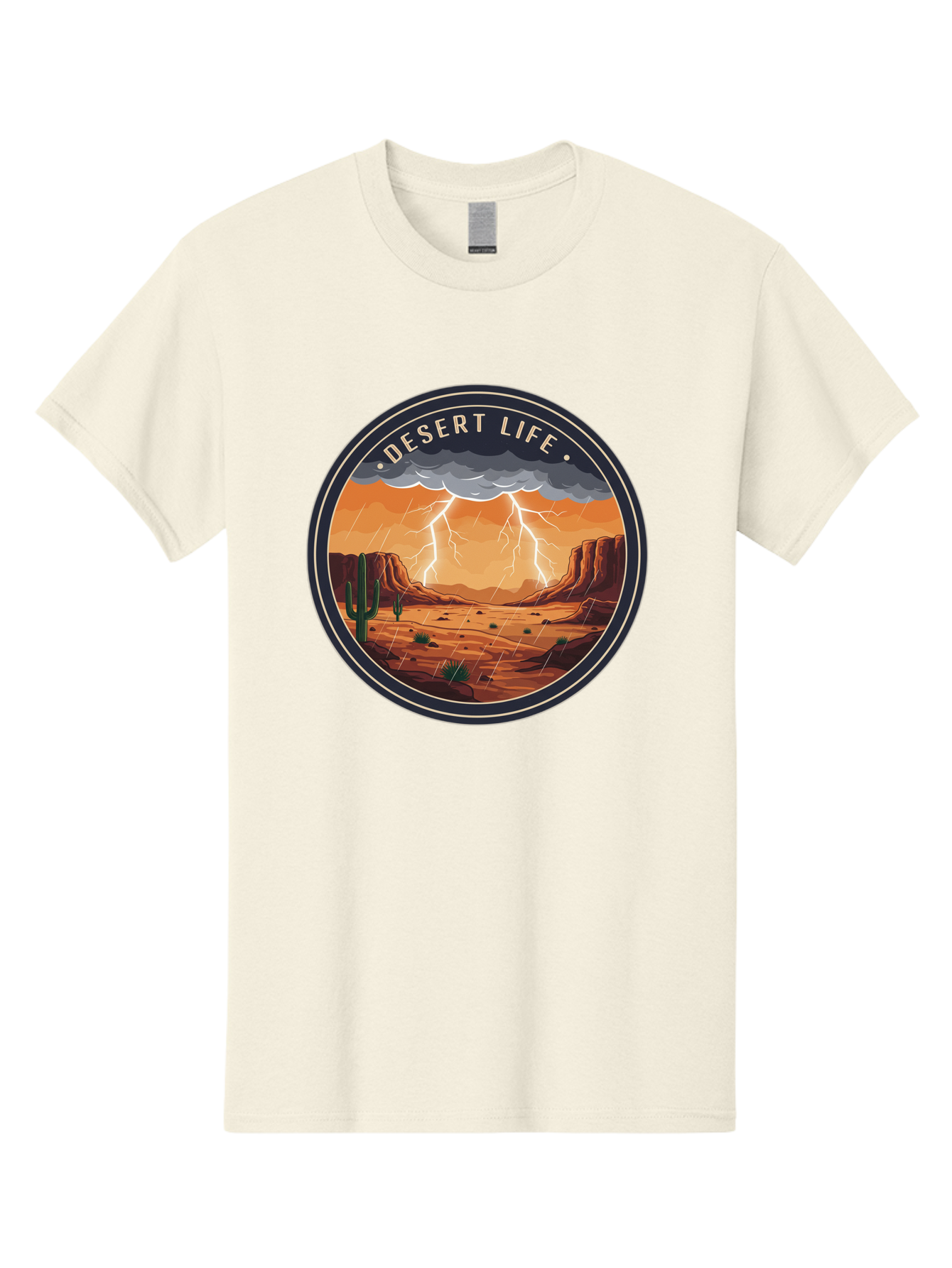 Desert-Life-6 Men'S Graphic Tee, 100% Cotton, Comfortable Casual Summer Wear, Machine Washable, Desert Landscape, Thunderstorm, Desert Storm, Lightning In Desert, Western Scenery, Rocky Terrain, Cactus, Desert Weather, Outdoor Adventure Bac992