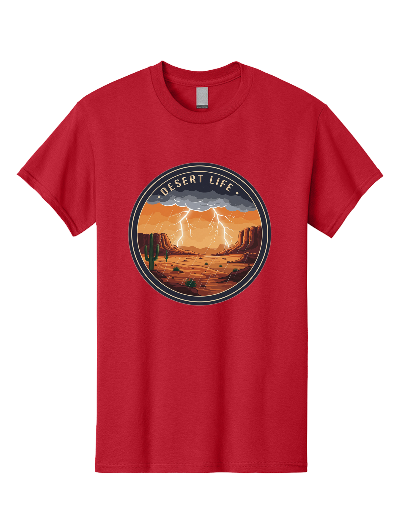 Desert-Life-6 Men'S Graphic Tee, 100% Cotton, Comfortable Casual Summer Wear, Machine Washable, Desert Landscape, Thunderstorm, Desert Storm, Lightning In Desert, Western Scenery, Rocky Terrain, Cactus, Desert Weather, Outdoor Adventure Bac992
