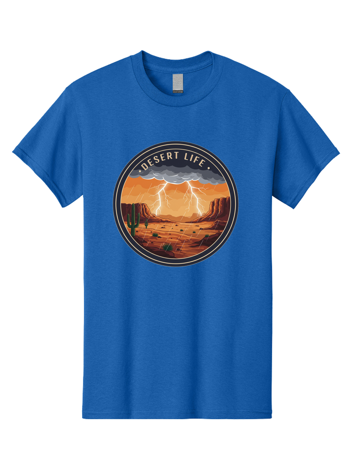 Desert-Life-6 Men'S Graphic Tee, 100% Cotton, Comfortable Casual Summer Wear, Machine Washable, Desert Landscape, Thunderstorm, Desert Storm, Lightning In Desert, Western Scenery, Rocky Terrain, Cactus, Desert Weather, Outdoor Adventure Bac992