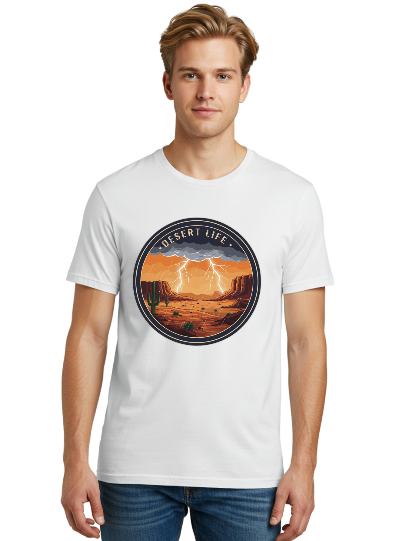 Desert-Life-6 Men'S Graphic Tee, 100% Cotton, Comfortable Casual Summer Wear, Machine Washable, Desert Landscape, Thunderstorm, Desert Storm, Lightning In Desert, Western Scenery, Rocky Terrain, Cactus, Desert Weather, Outdoor Adventure Bac992