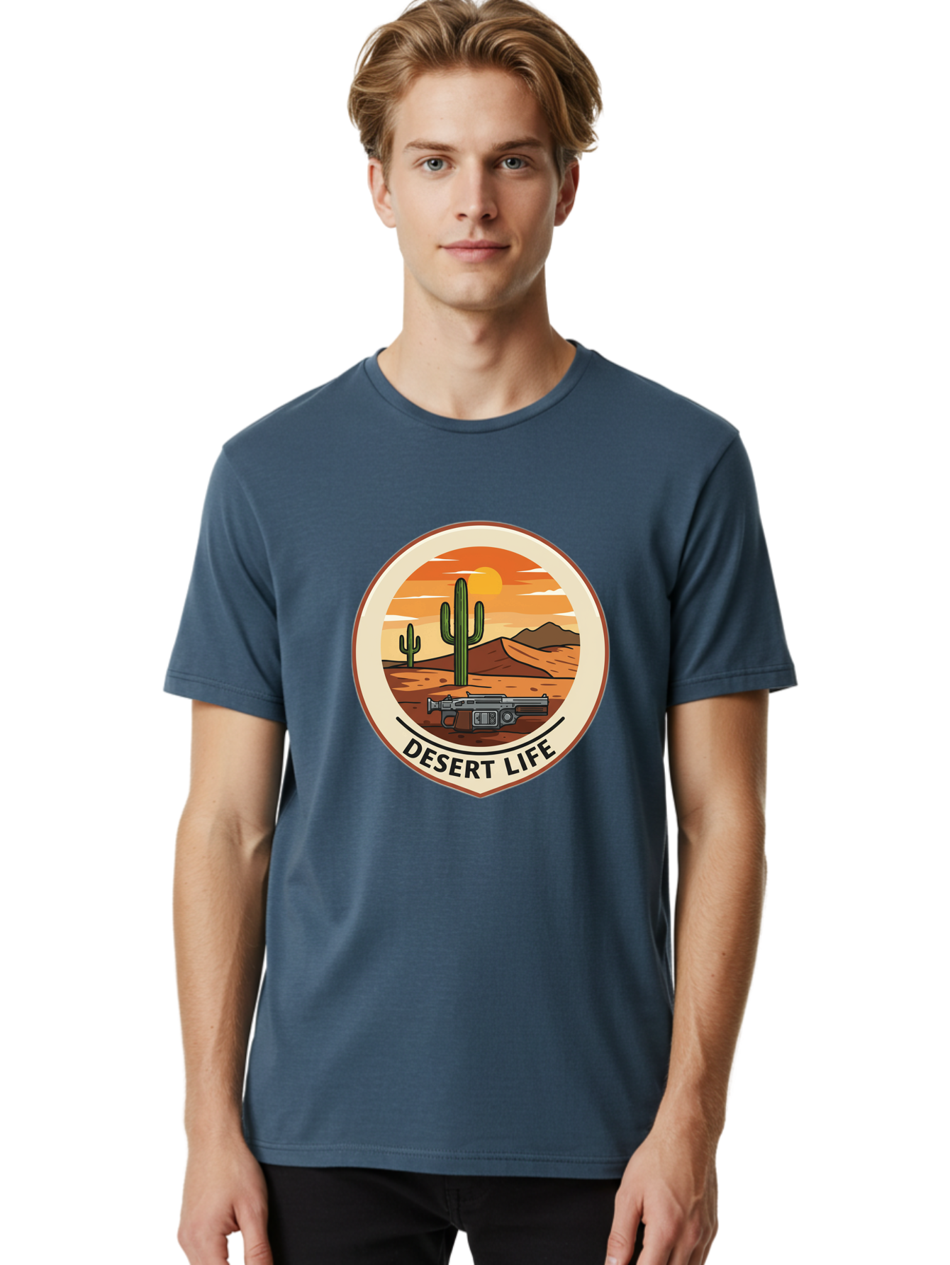 Desert-Life-7 Men'S Graphic Tee, 100% Cotton, Comfortable Casual Summer Wear, Machine Washable, Desert Landscape, Cacti, Western Scenery, Revolver, Iconic Imagery, Adventure Theme, Desert Life Bac993