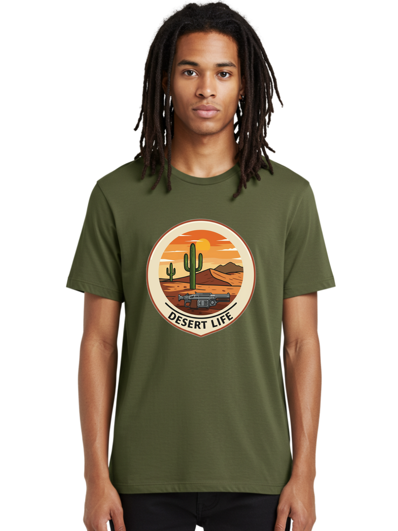 Desert-Life-7 Men'S Graphic Tee, 100% Cotton, Comfortable Casual Summer Wear, Machine Washable, Desert Landscape, Cacti, Western Scenery, Revolver, Iconic Imagery, Adventure Theme, Desert Life Bac993