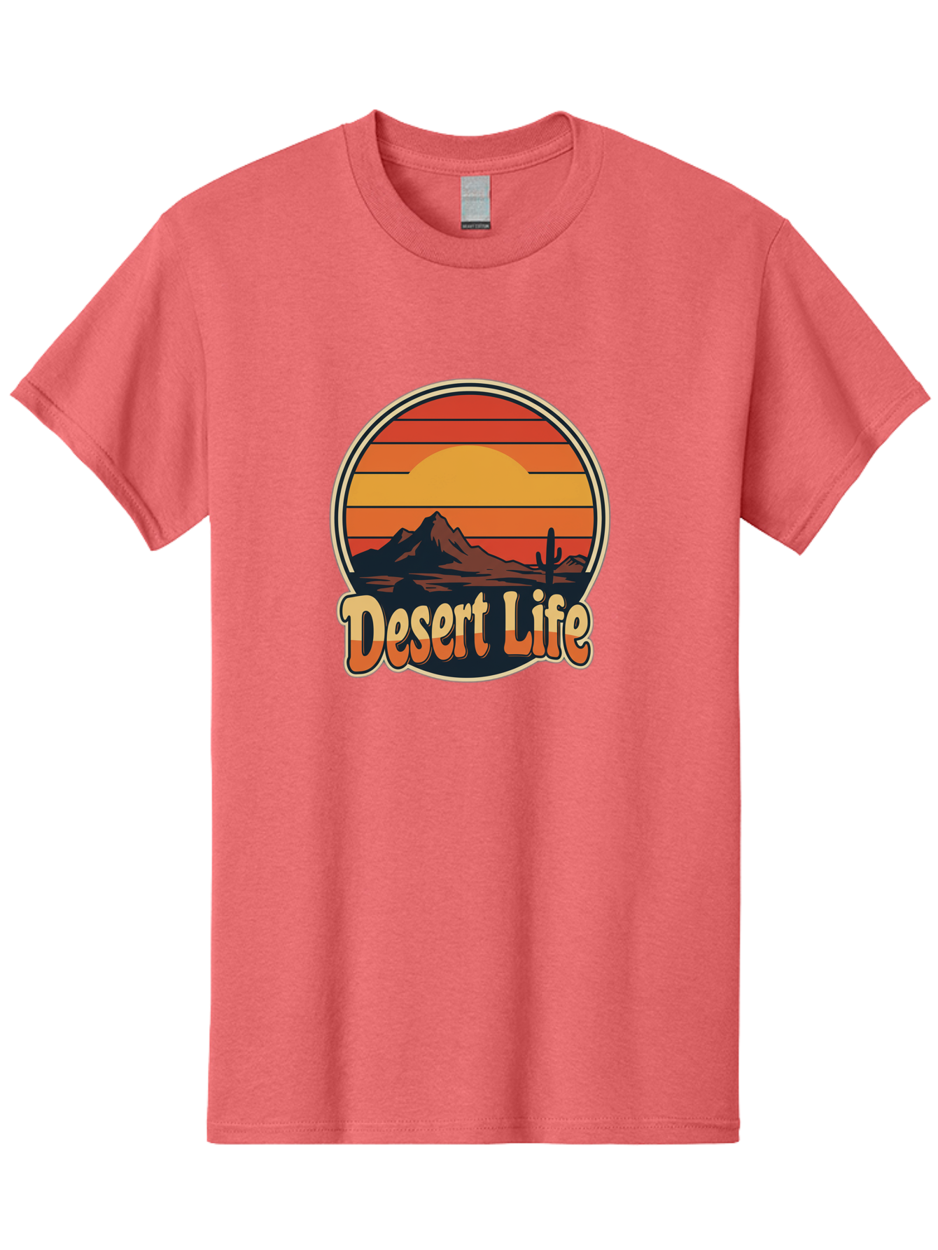 Desert-Life Men'S Graphic Tee, 100% Cotton, Comfortable Casual Summer Wear, Machine Washable, Desert Landscape, Sunset Scene, Mountainous Terrain, Cactus Silhouette, Vibrant Colors, Orange Hues, Desert Scenery, Mountain Peaks, Bac994
