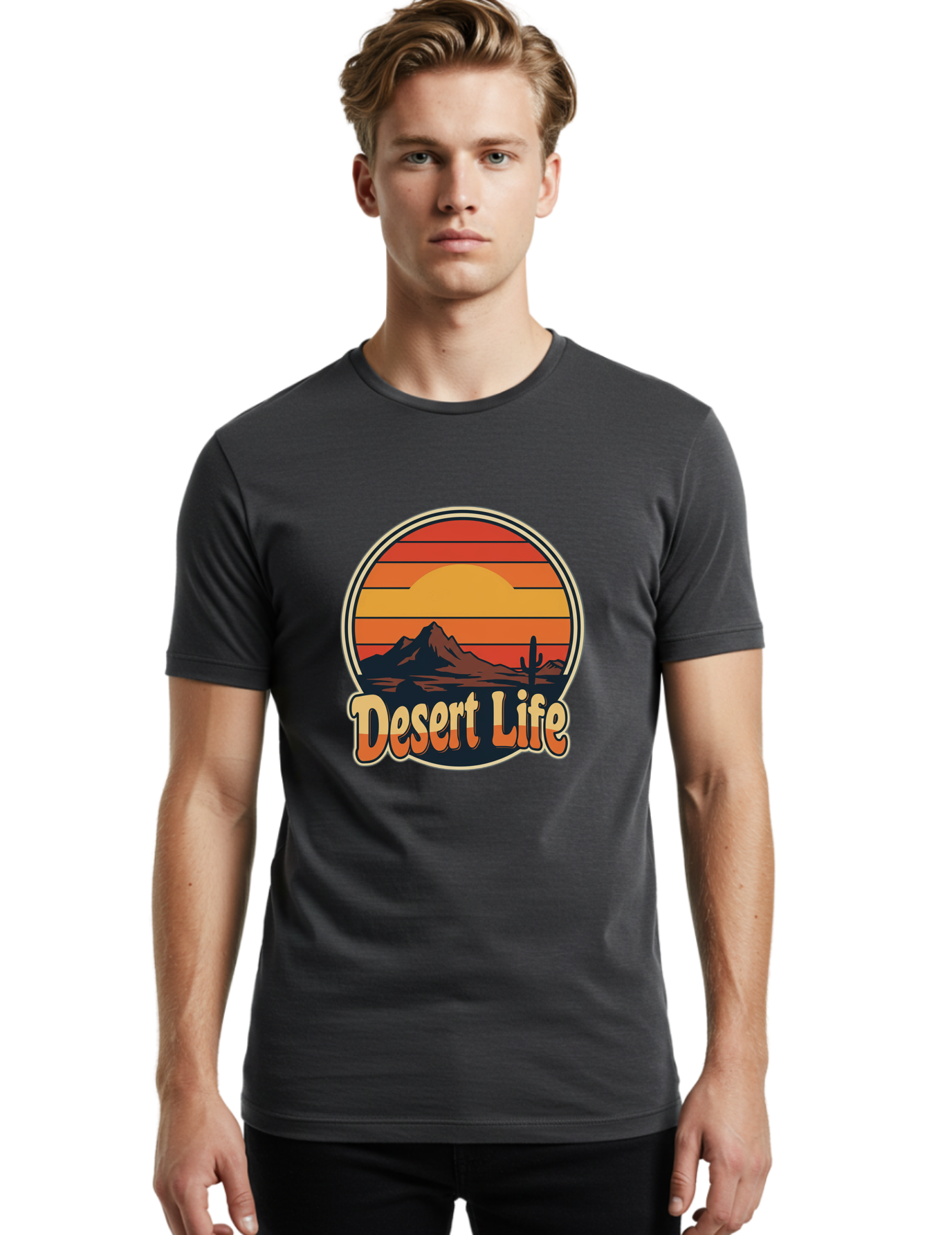 Desert-Life Men'S Graphic Tee, 100% Cotton, Comfortable Casual Summer Wear, Machine Washable, Desert Landscape, Sunset Scene, Mountainous Terrain, Cactus Silhouette, Vibrant Colors, Orange Hues, Desert Scenery, Mountain Peaks, Bac994