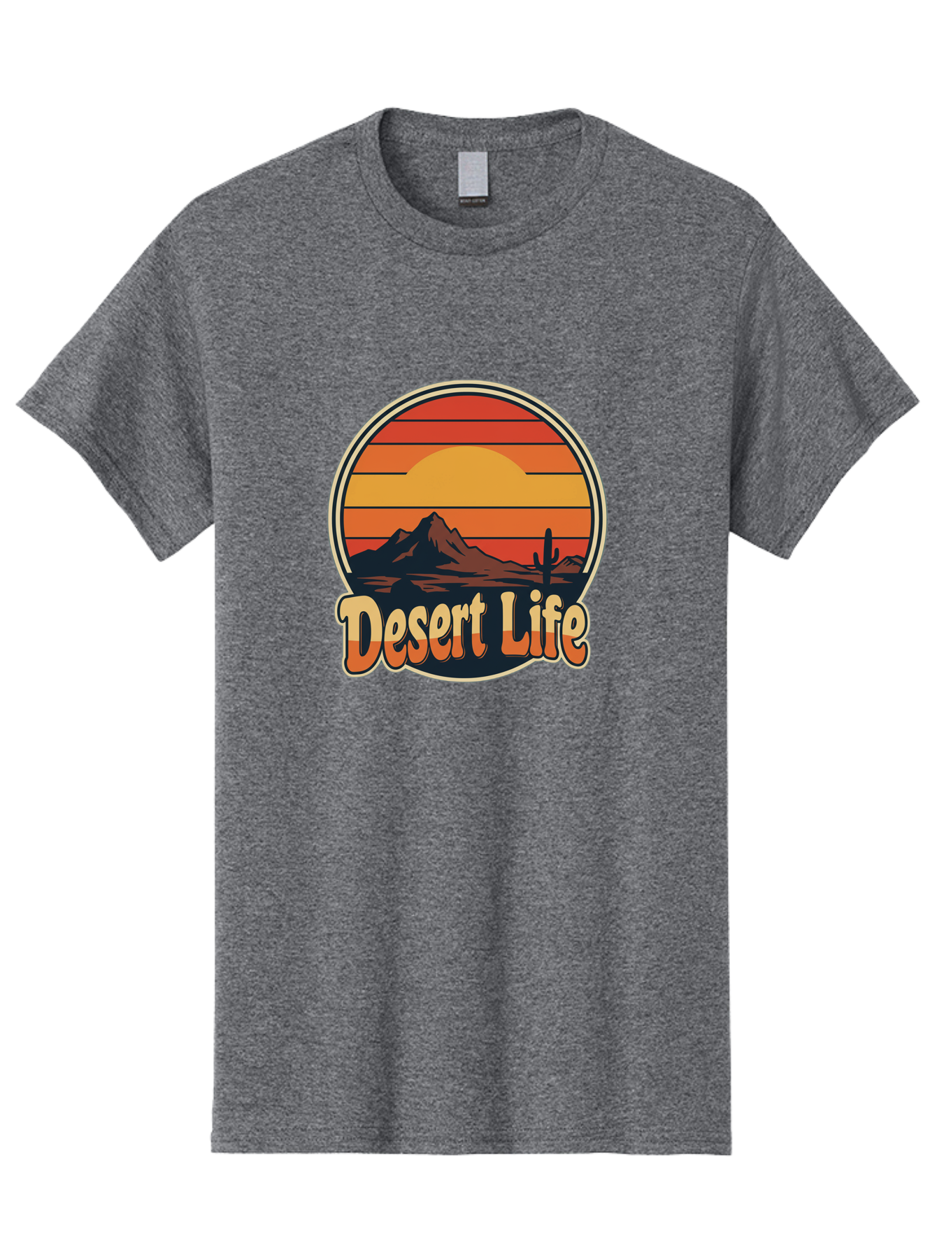Desert-Life Men'S Graphic Tee, 100% Cotton, Comfortable Casual Summer Wear, Machine Washable, Desert Landscape, Sunset Scene, Mountainous Terrain, Cactus Silhouette, Vibrant Colors, Orange Hues, Desert Scenery, Mountain Peaks, Bac994
