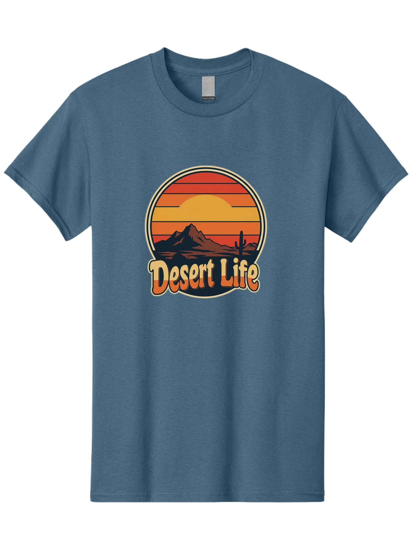 Desert-Life Men'S Graphic Tee, 100% Cotton, Comfortable Casual Summer Wear, Machine Washable, Desert Landscape, Sunset Scene, Mountainous Terrain, Cactus Silhouette, Vibrant Colors, Orange Hues, Desert Scenery, Mountain Peaks, Bac994
