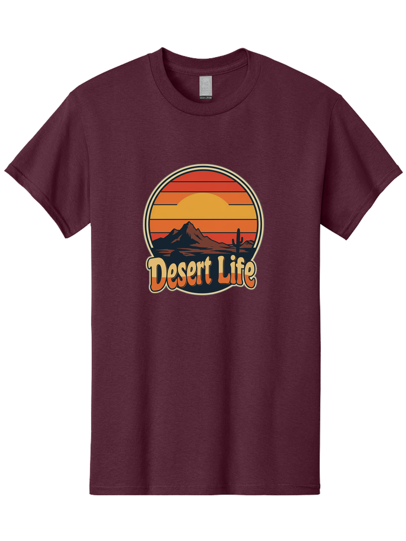 Desert-Life Men'S Graphic Tee, 100% Cotton, Comfortable Casual Summer Wear, Machine Washable, Desert Landscape, Sunset Scene, Mountainous Terrain, Cactus Silhouette, Vibrant Colors, Orange Hues, Desert Scenery, Mountain Peaks, Bac994