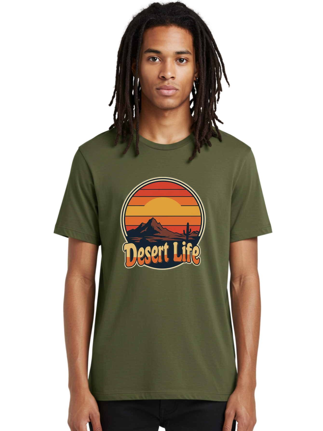 Desert-Life Men'S Graphic Tee, 100% Cotton, Comfortable Casual Summer Wear, Machine Washable, Desert Landscape, Sunset Scene, Mountainous Terrain, Cactus Silhouette, Vibrant Colors, Orange Hues, Desert Scenery, Mountain Peaks, Bac994