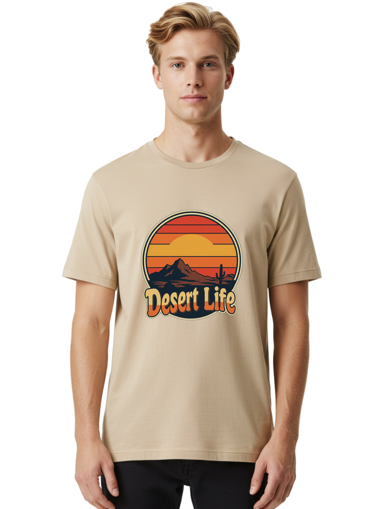 Desert-Life Men'S Graphic Tee, 100% Cotton, Comfortable Casual Summer Wear, Machine Washable, Desert Landscape, Sunset Scene, Mountainous Terrain, Cactus Silhouette, Vibrant Colors, Orange Hues, Desert Scenery, Mountain Peaks, Bac994