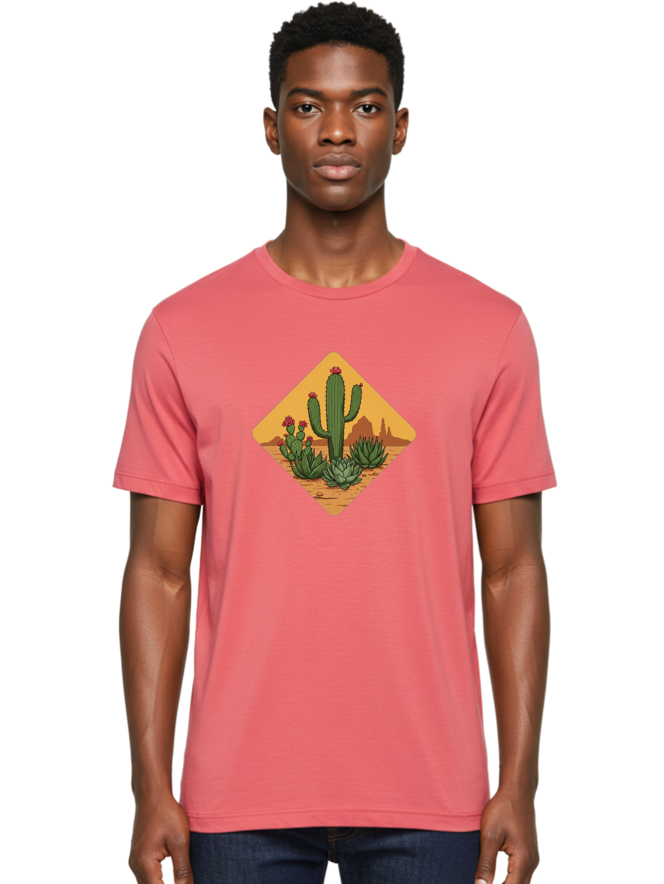 Desert-Succulents Men'S Graphic Tee, 100% Cotton, Comfortable Casual Summer Wear, Machine Washable, Desert Landscape, Cactus Plants, Succulents, Rocky Terrain, Arid Environment, Desert Flowers, Southwest Scenery, Dry Climate Bac995